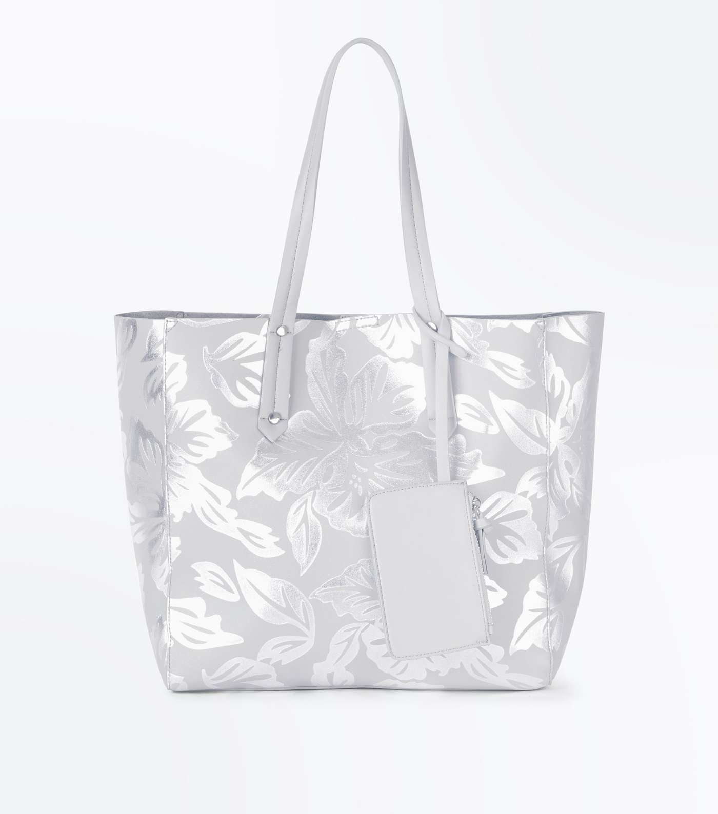 Silver Metallic Leaf Print Beach Bag