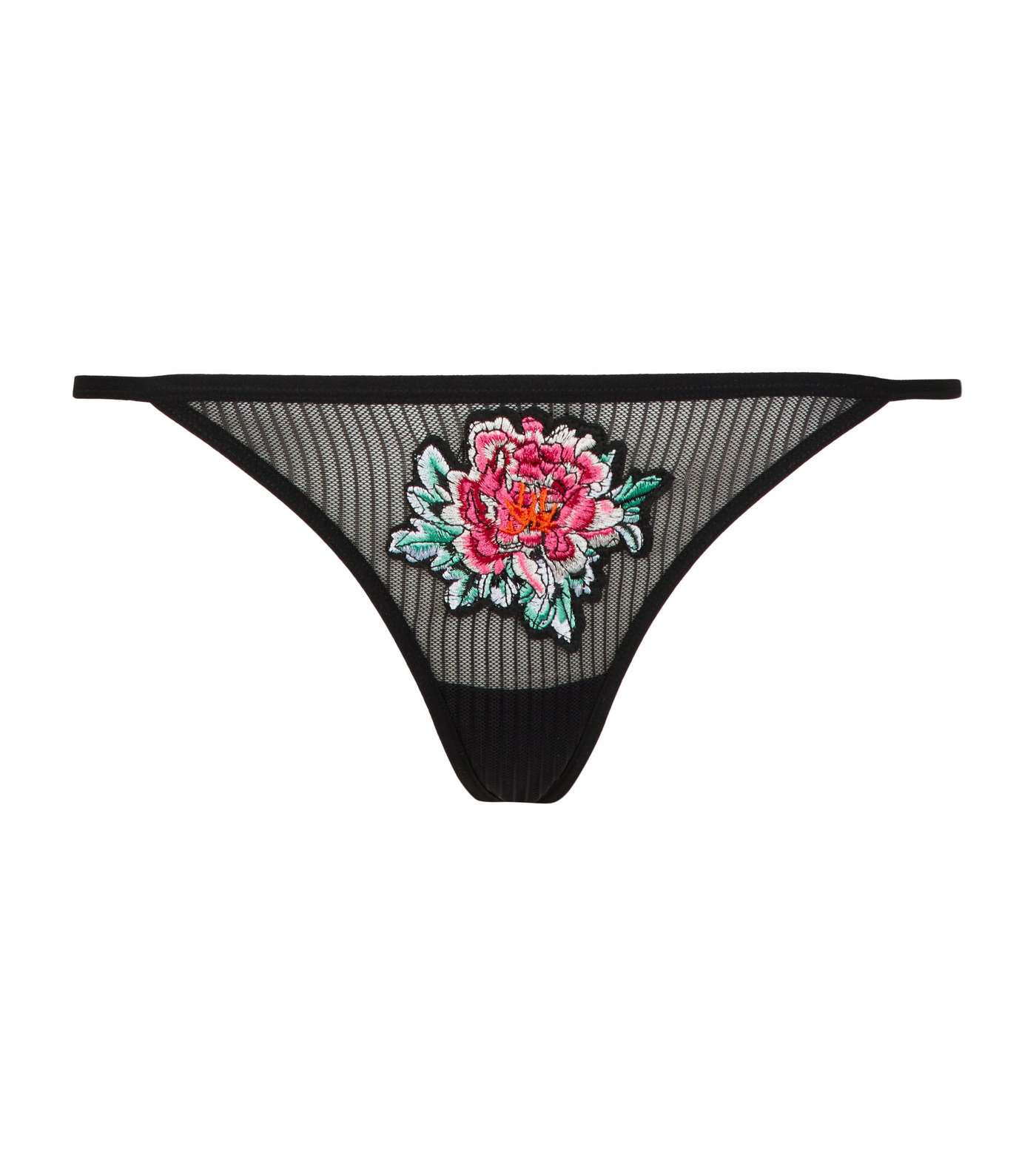 Black Mesh Floral Embroidered Thong Image 3