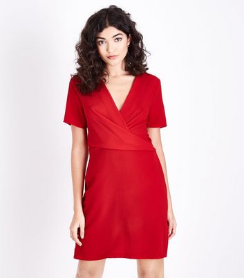 Women S Workwear Work Clothes Office Wear New Look White Curved Hem Shirt Red Wrap Front Tunic Dress