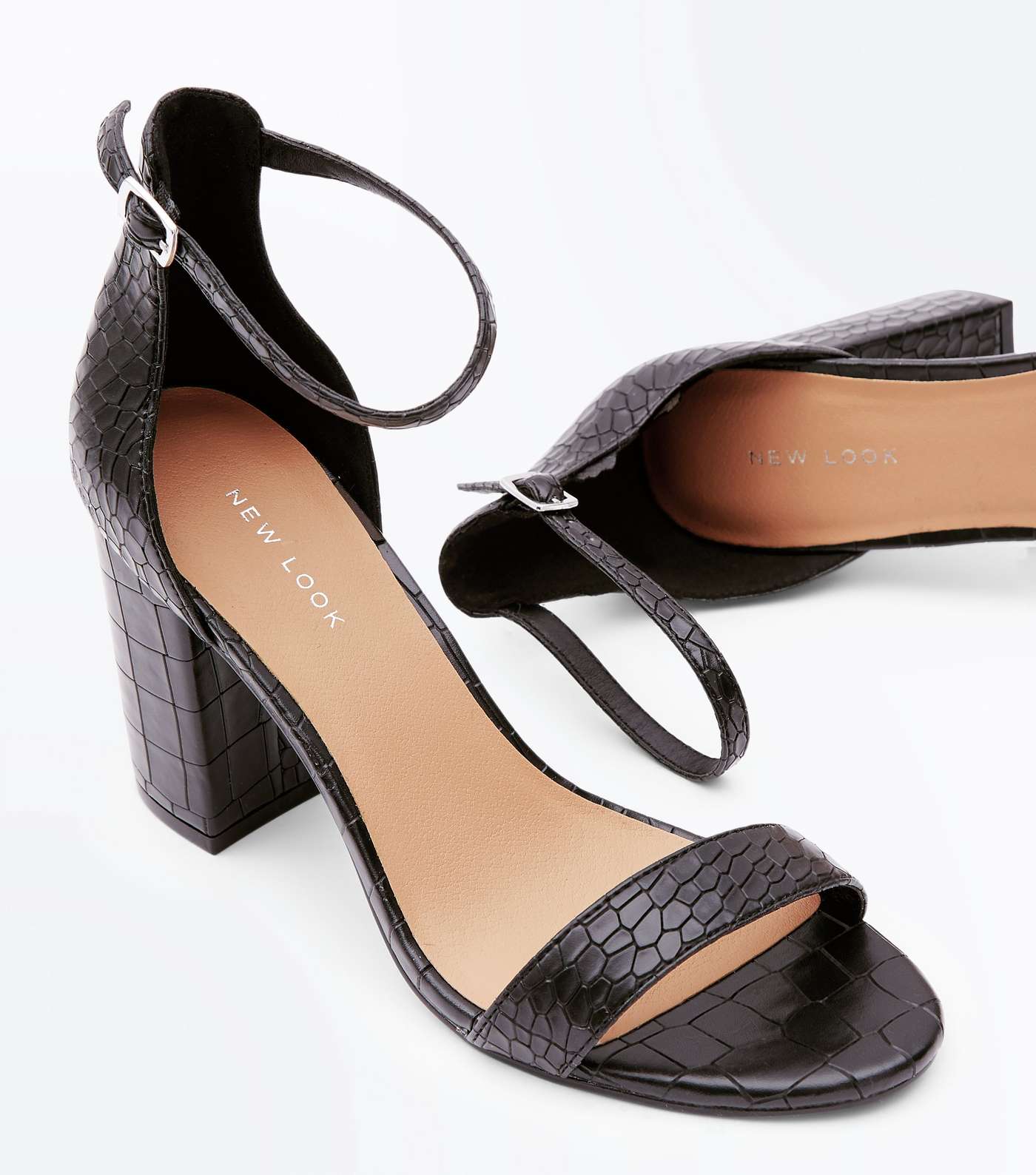 Black Faux Croc Block Heel Sandals Image 3