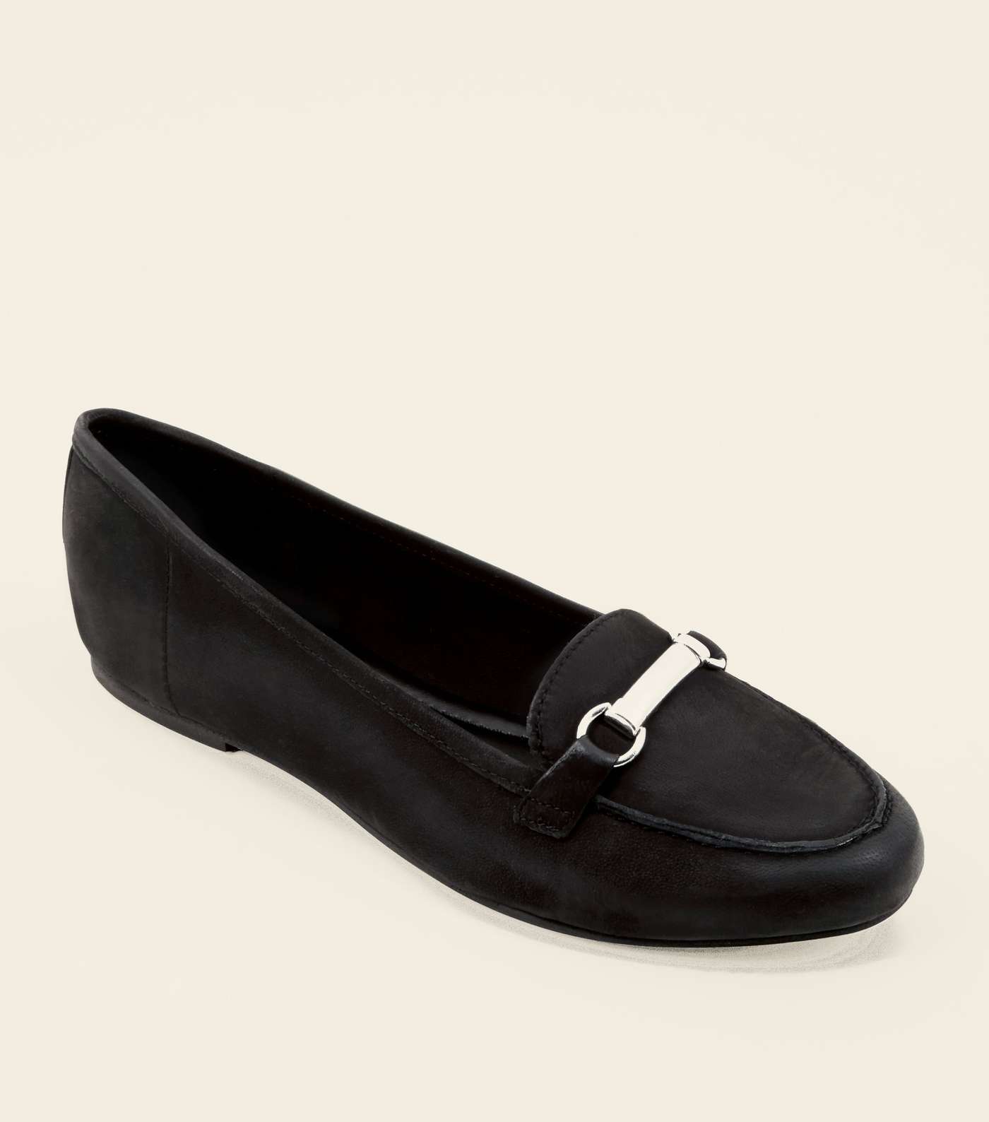 Black Leather Metal Bar Front Loafers