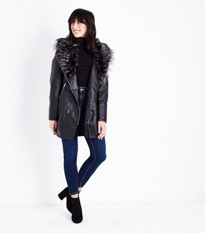 Black Leather Look Faux Fur Collar Longline Jacket New