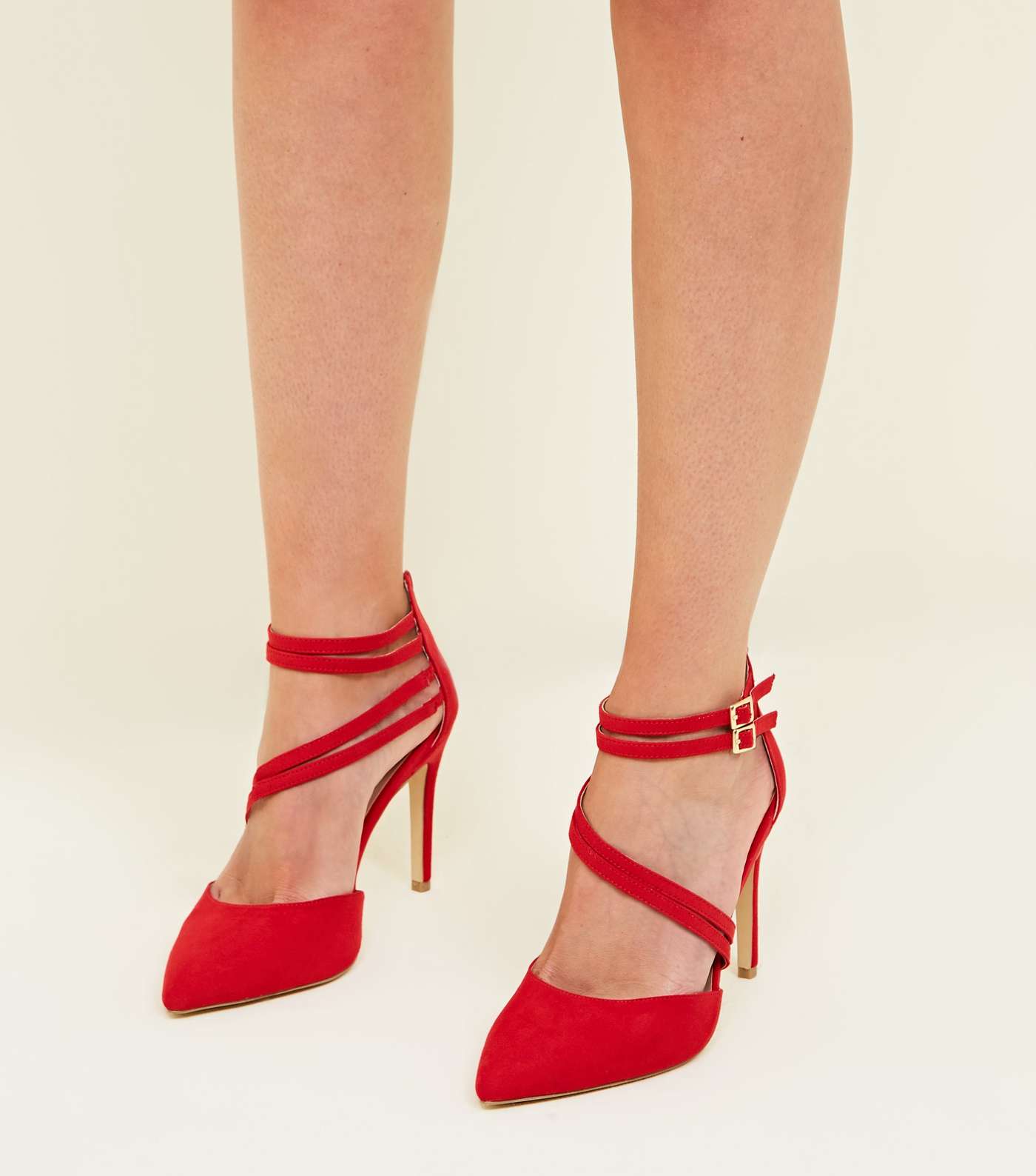 Wide Fit Red Suedette Asymmetric Strap Pointed Heels Image 2