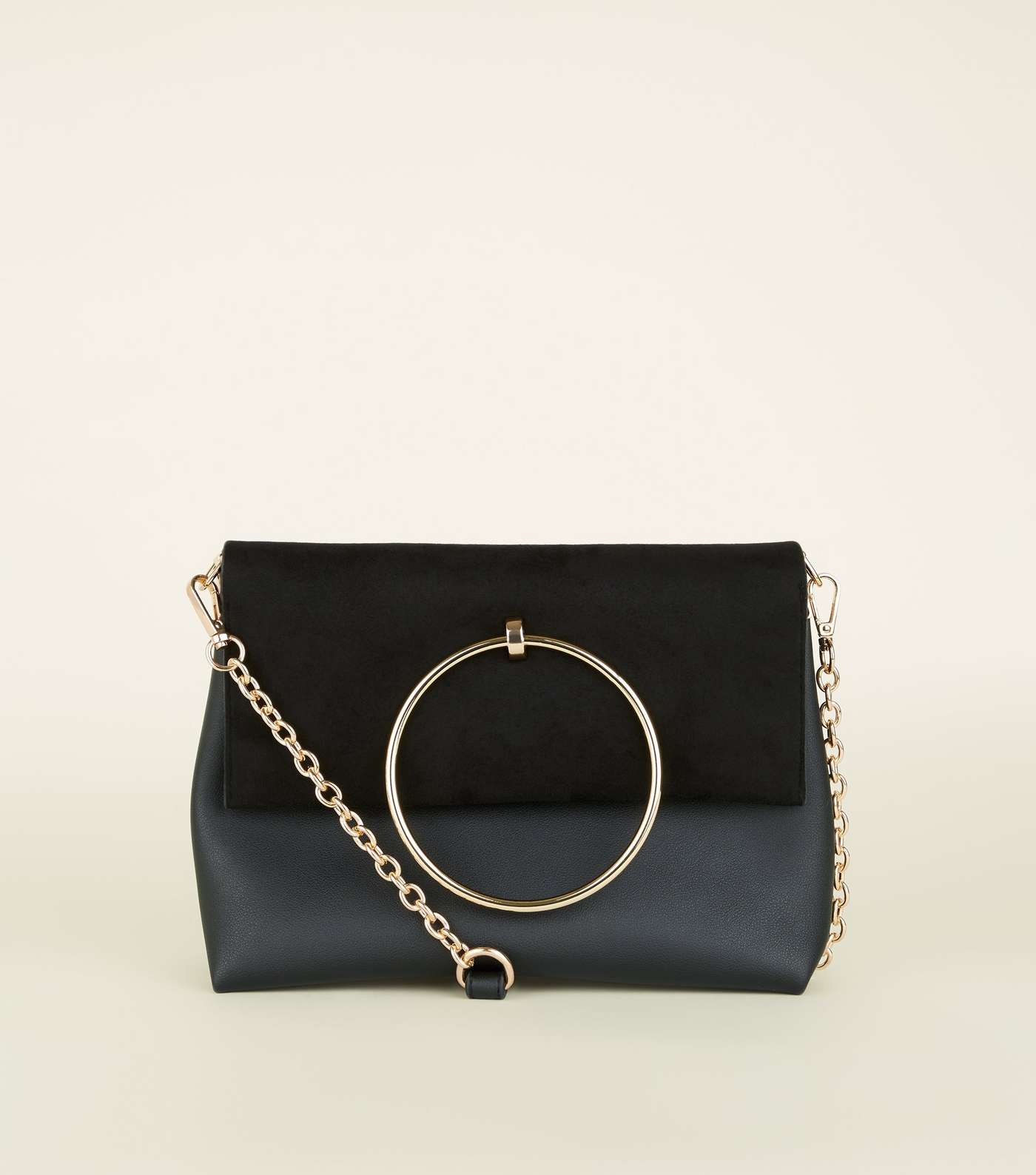 Black Leather-Look Ring Handle Shoulder Bag