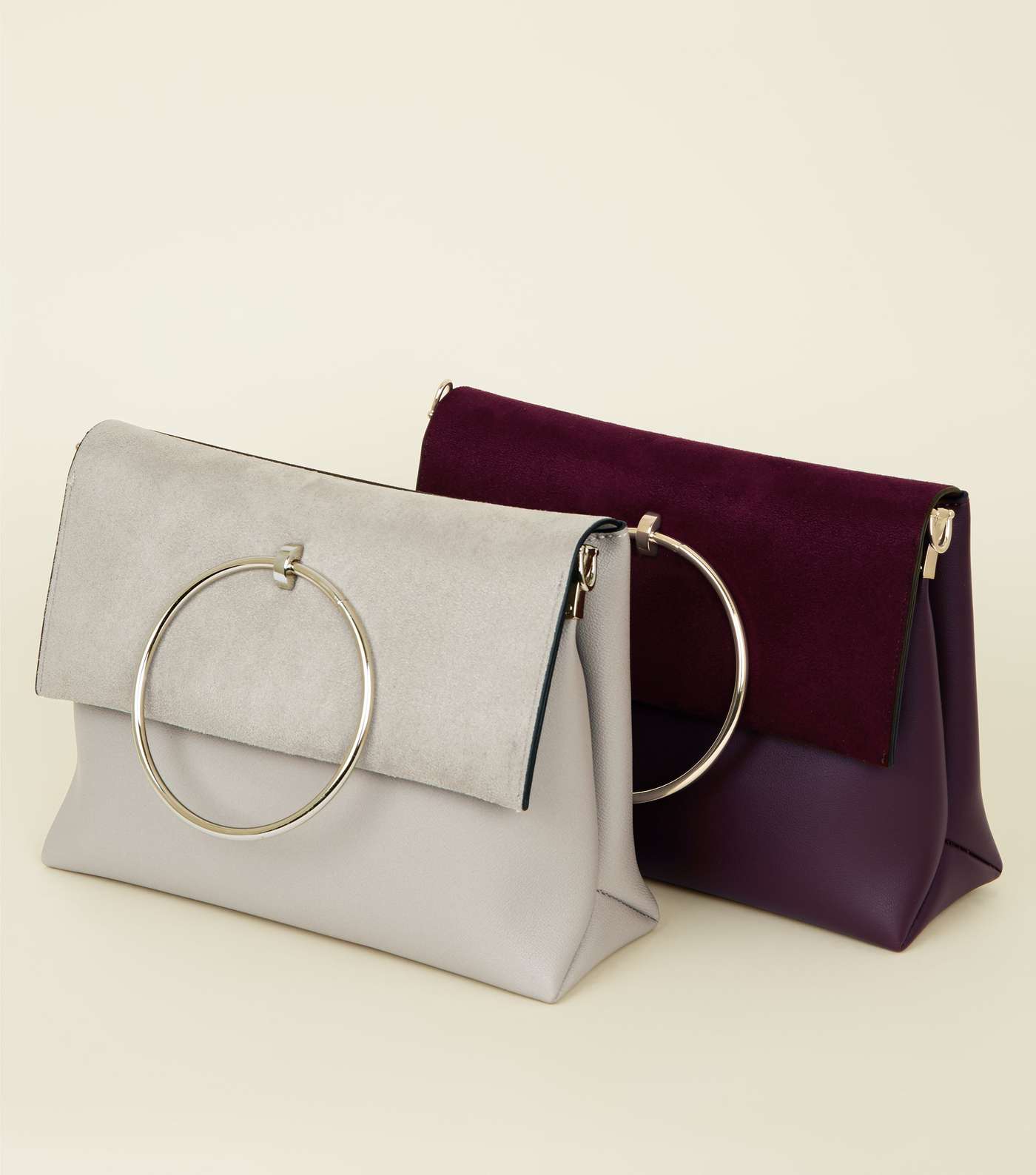 Grey Leather-Look Ring Handle Shoulder Bag Image 3