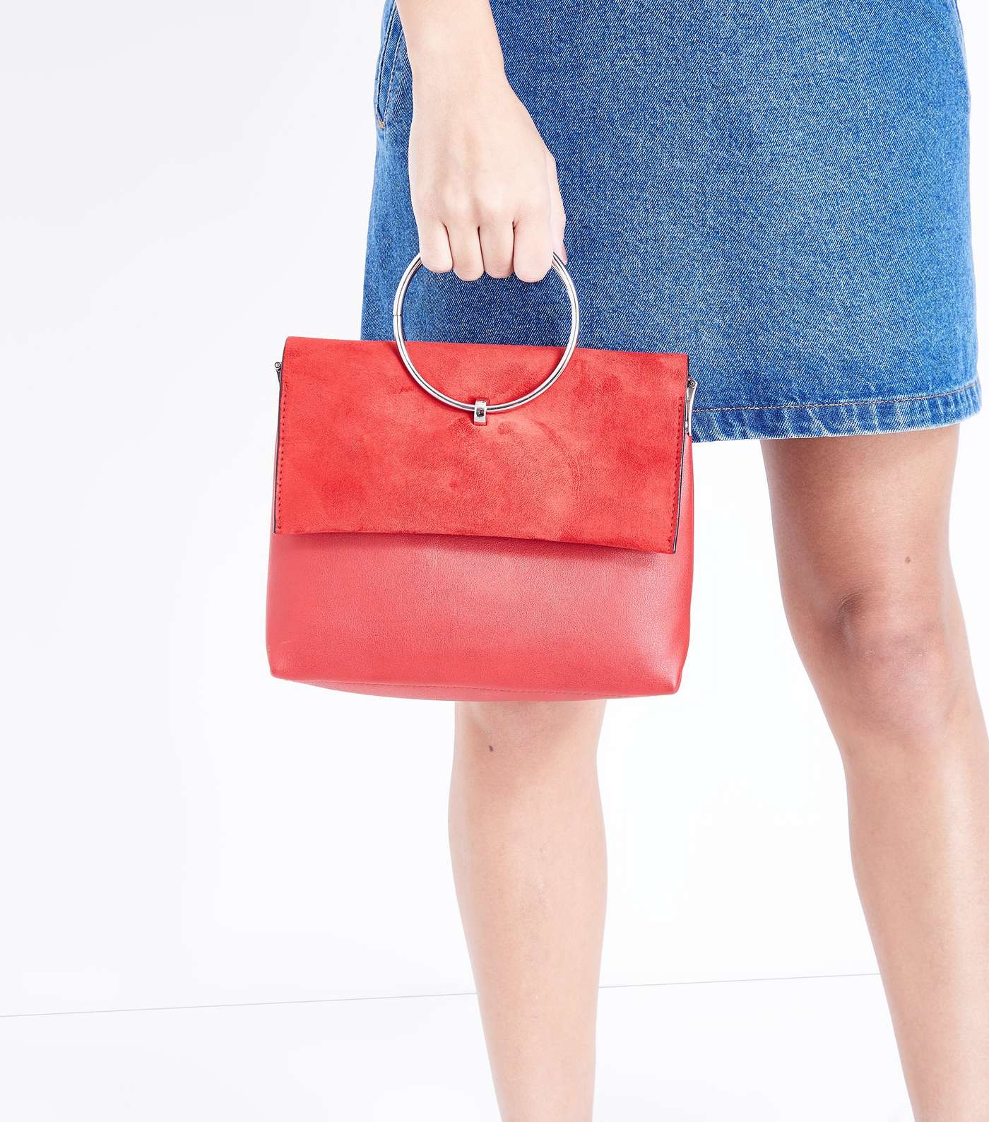 Red Leather-Look Ring Handle Shoulder Bag Image 6