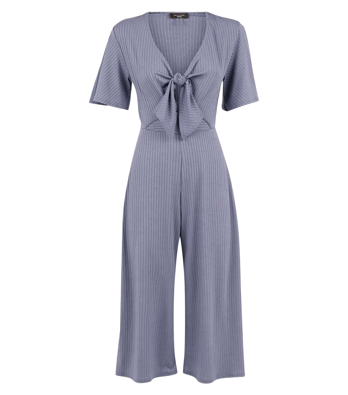 Petite Grey Tie Front Ribbed Culotte Jumpsuit Image 3
