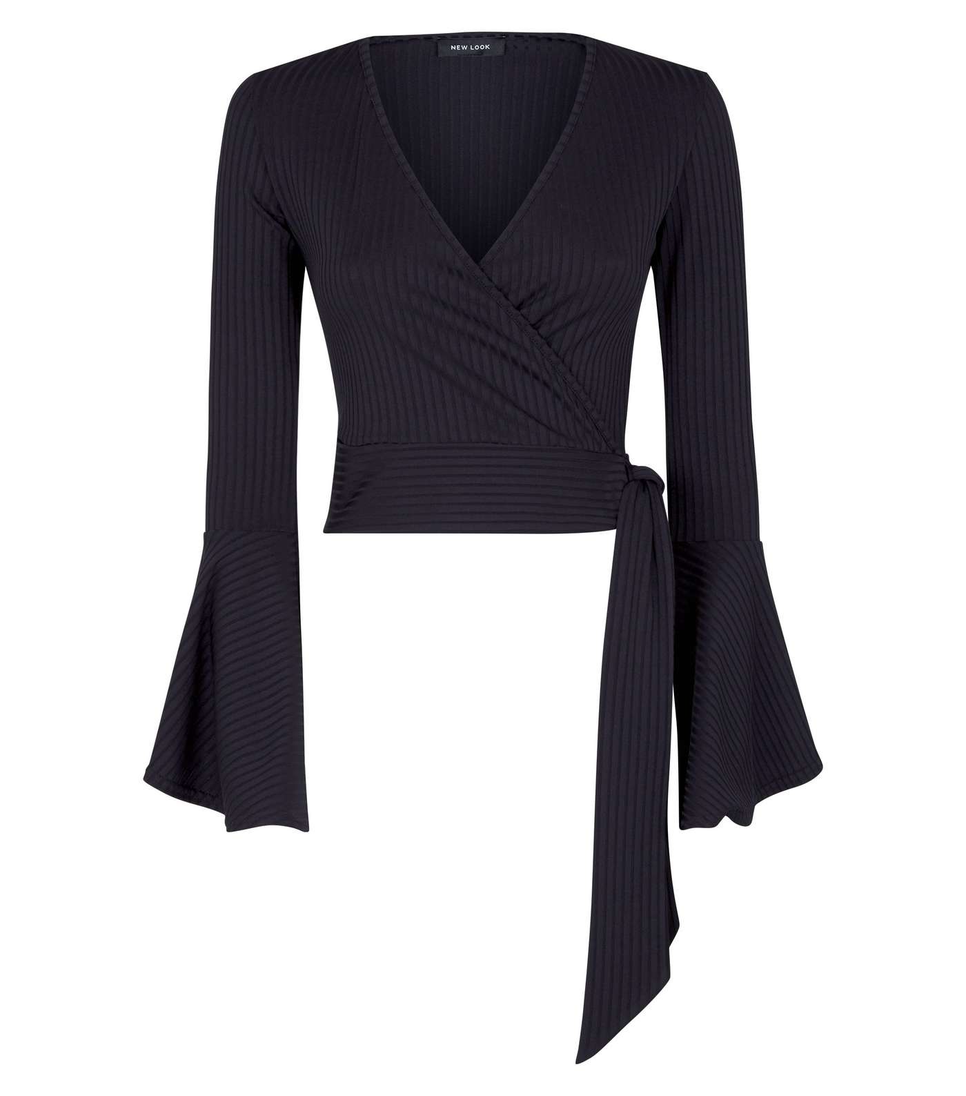 Black Ribbed Bell Sleeve Wrap Top Image 4