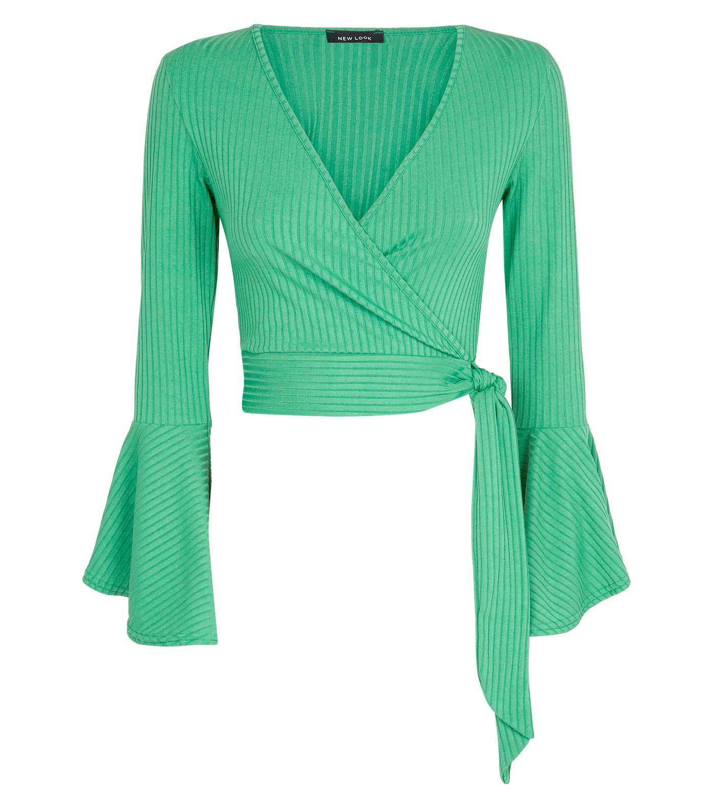 Green Ribbed Bell Sleeve Wrap Top Image 4
