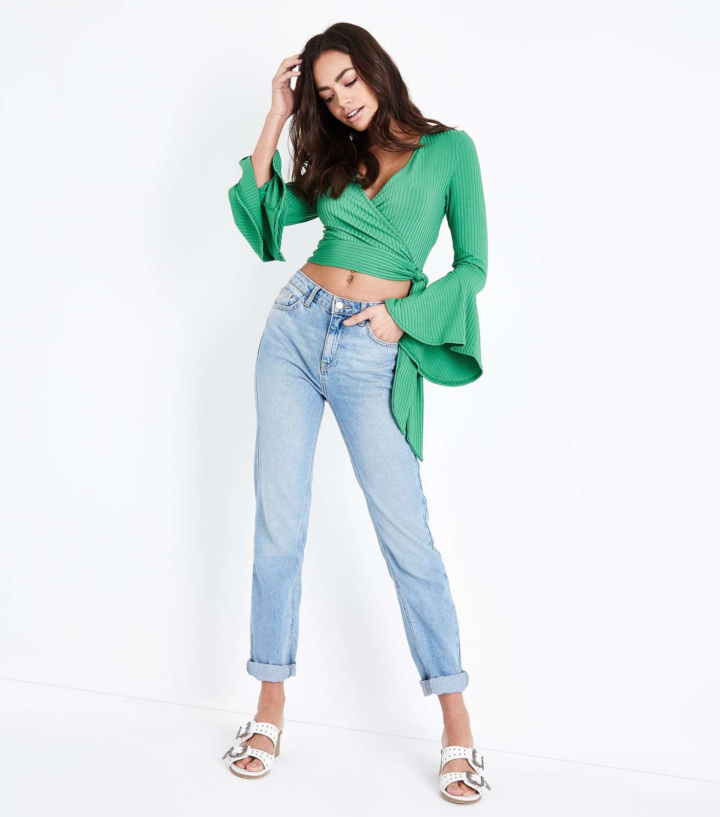 Green Ribbed Bell Sleeve Wrap Top Image 2