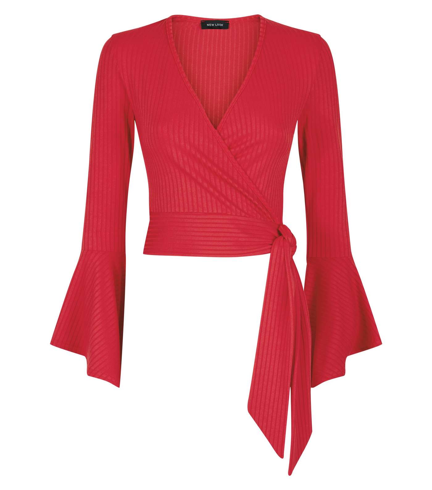 Red Ribbed Bell Sleeve Wrap Top Image 4
