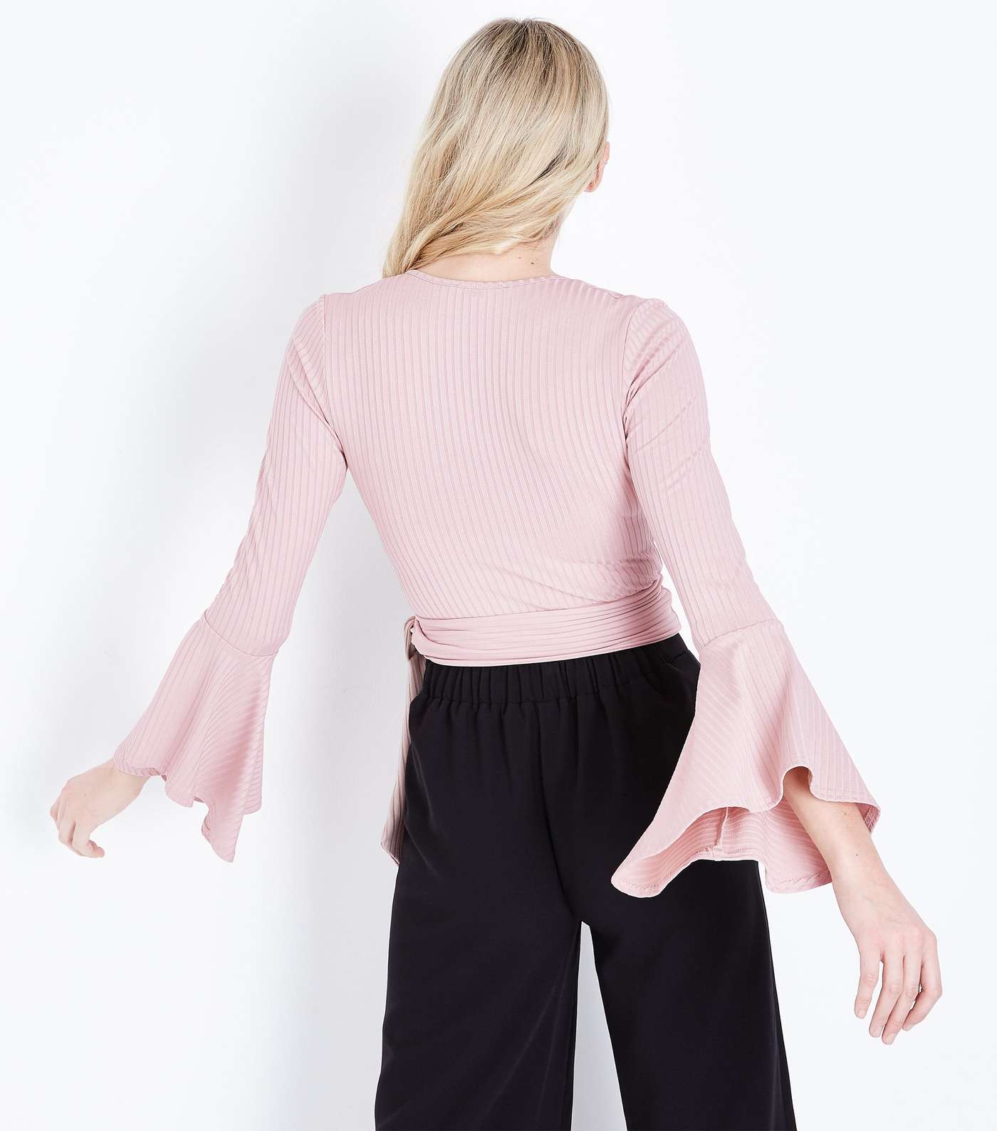 Pale Pink Ribbed Bell Sleeve Wrap Top Image 3