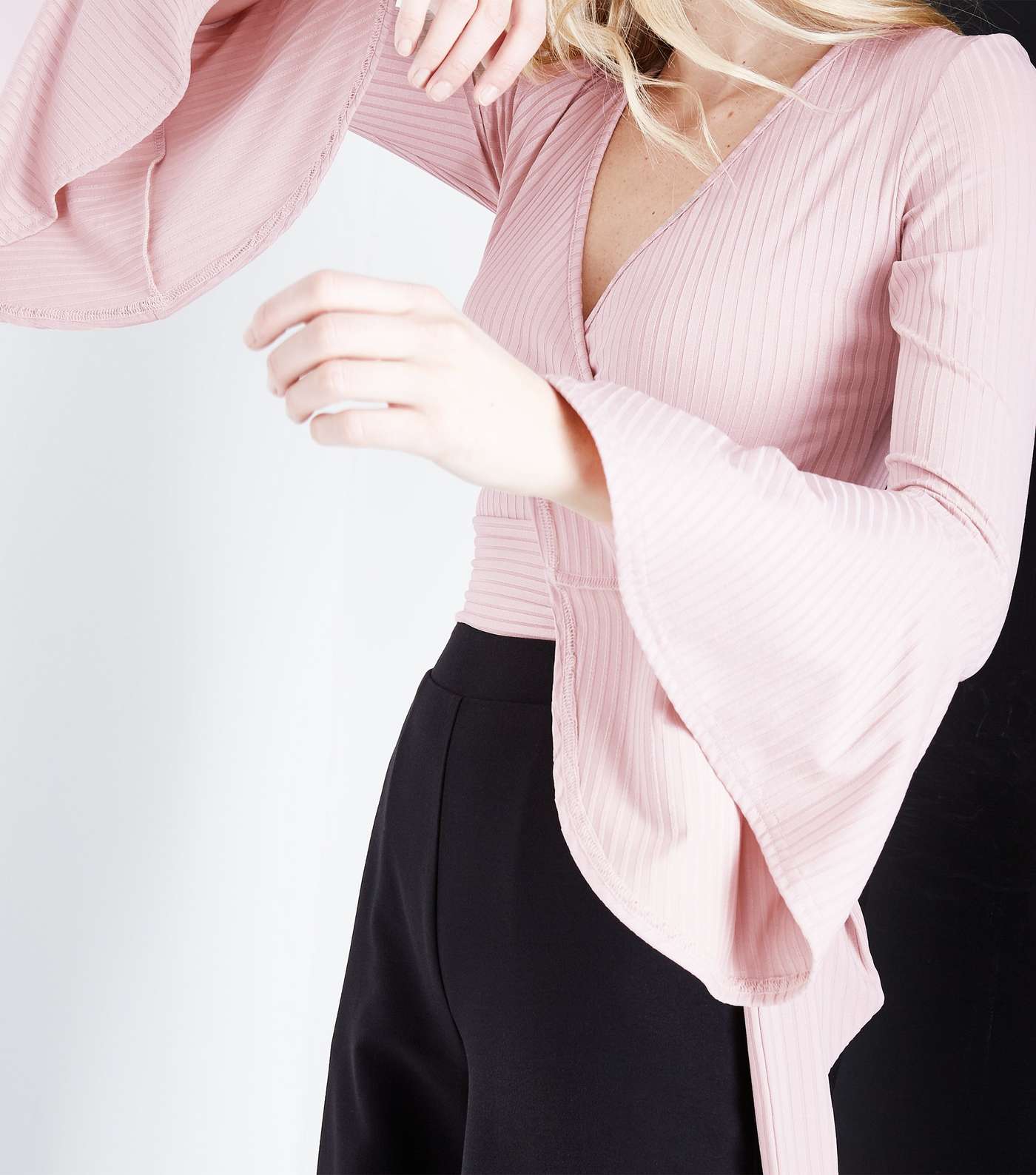 Pale Pink Ribbed Bell Sleeve Wrap Top Image 5