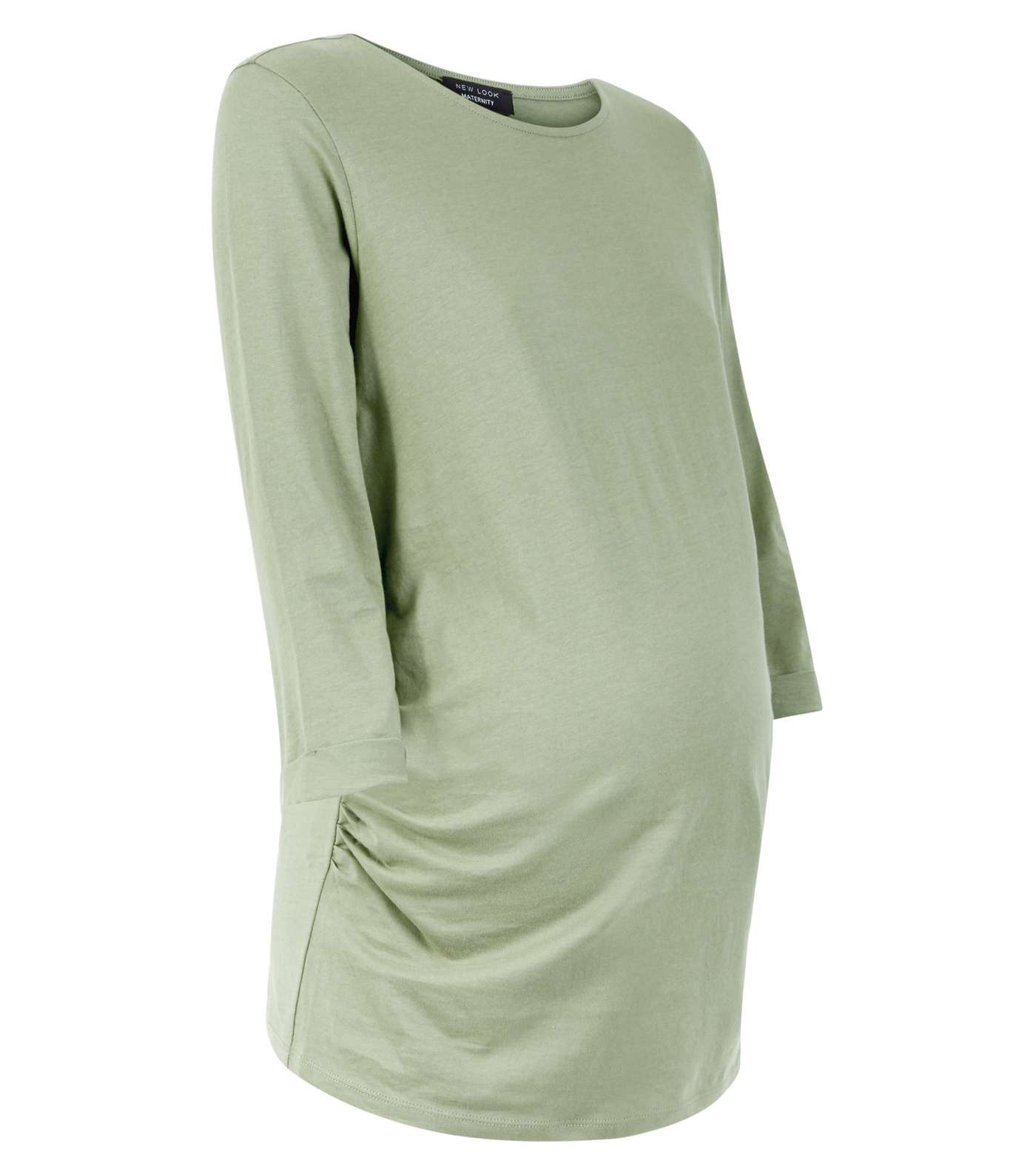 Maternity Olive Green Ruched 3/4 Sleeve T-Shirt Image 4