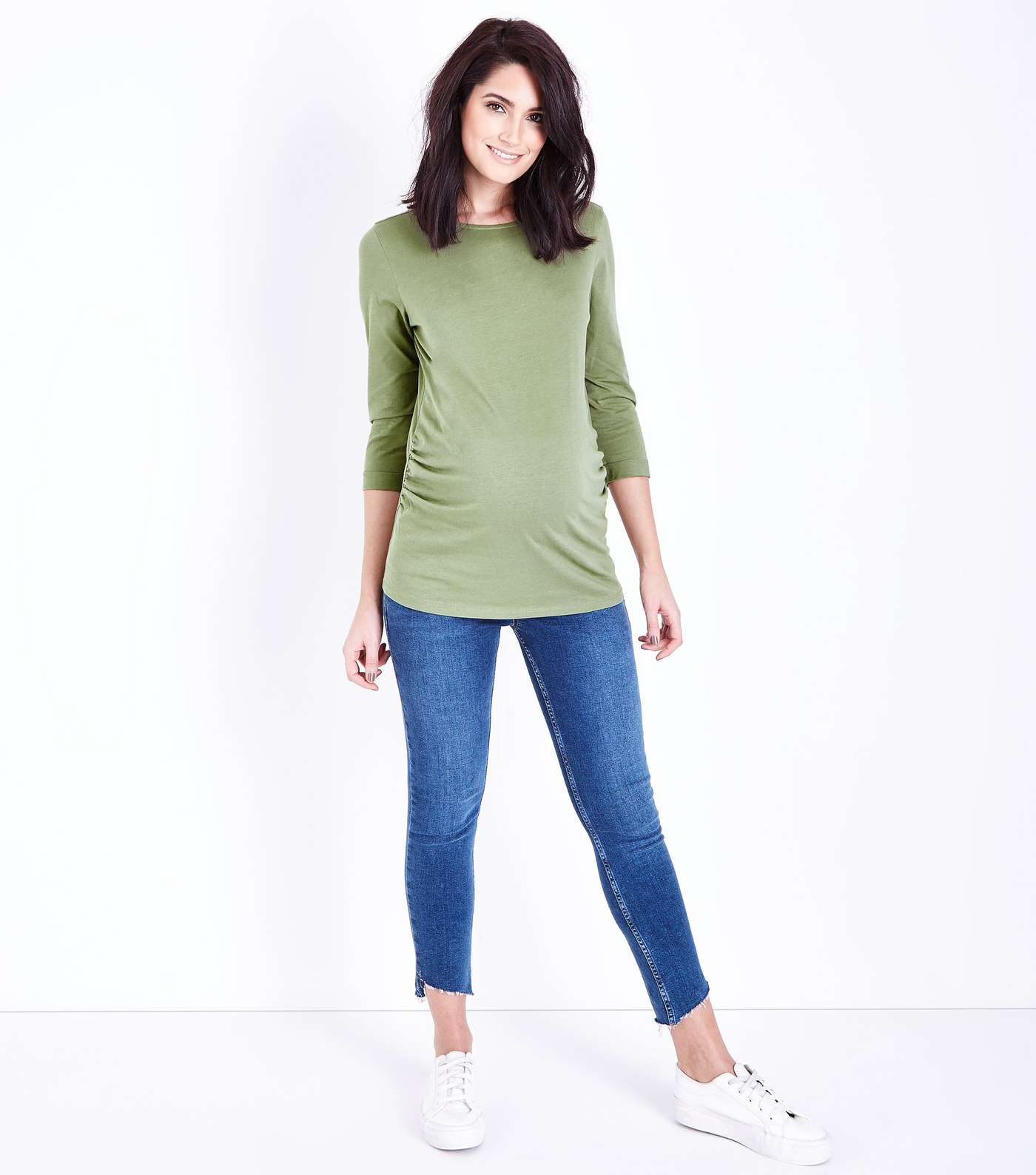 Maternity Olive Green Ruched 3/4 Sleeve T-Shirt Image 2