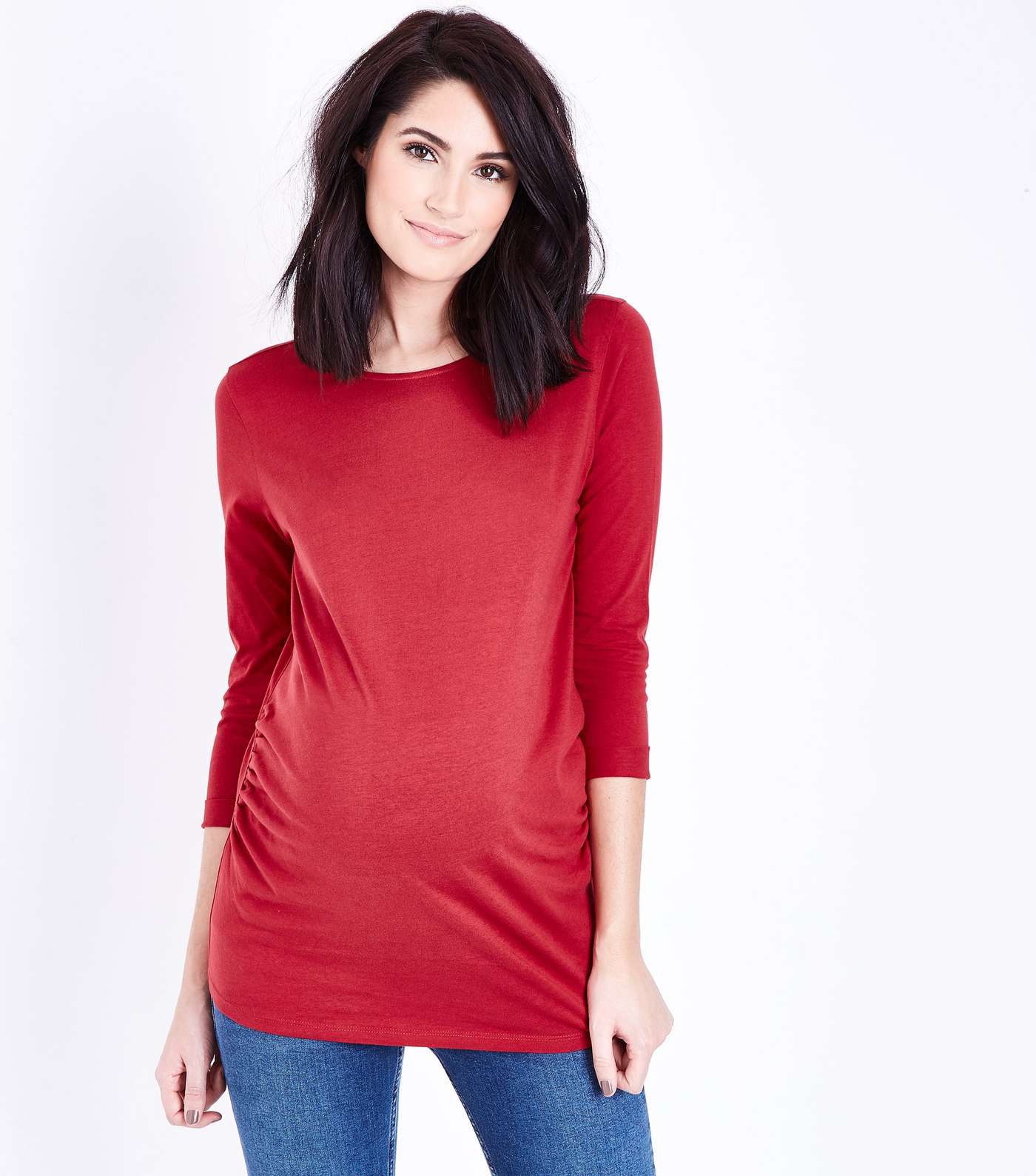 Maternity Dark Red Ruched 3/4 Sleeve T-Shirt