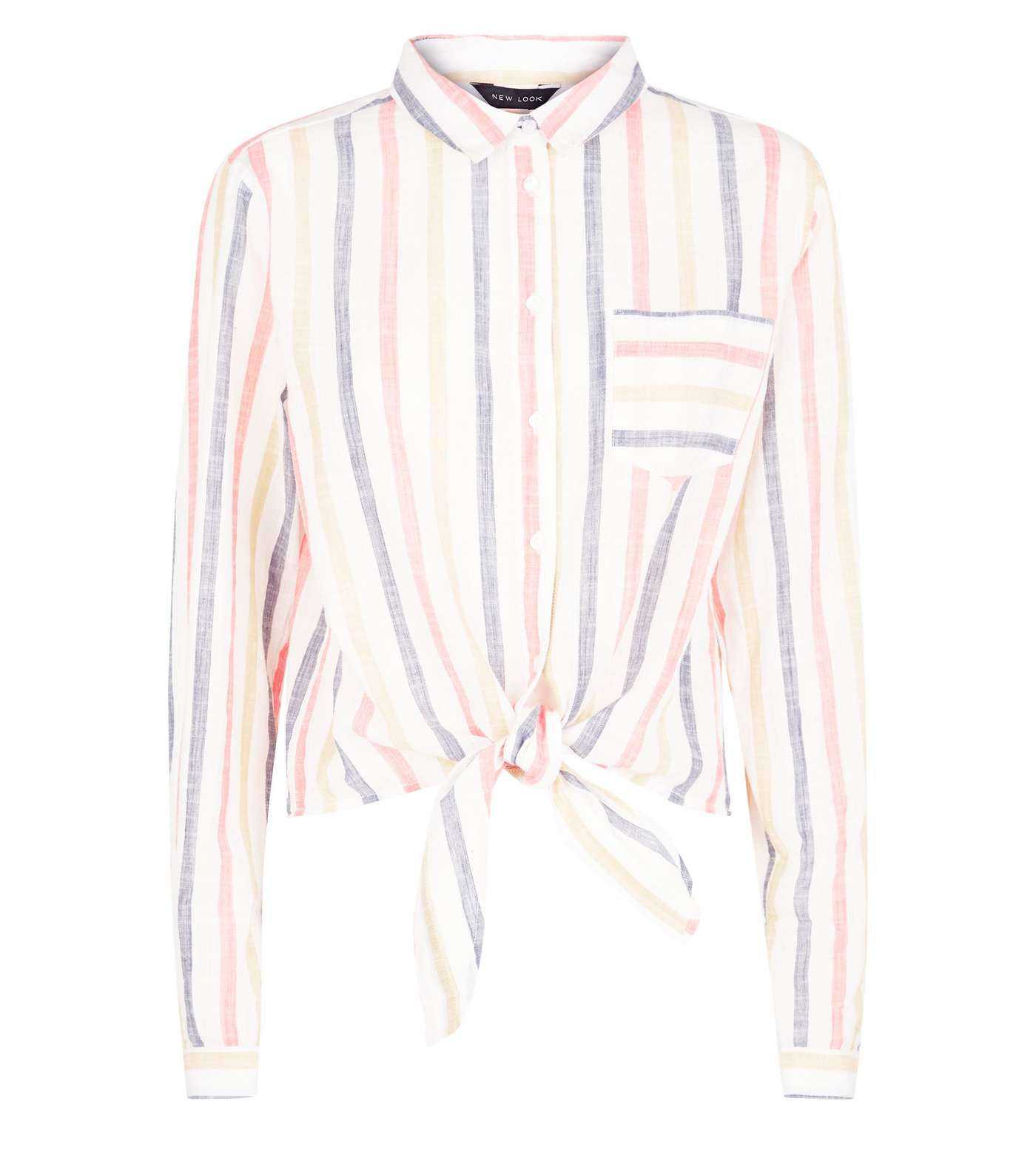 White Multi Stripe Tie Front Cotton Shirt Image 4