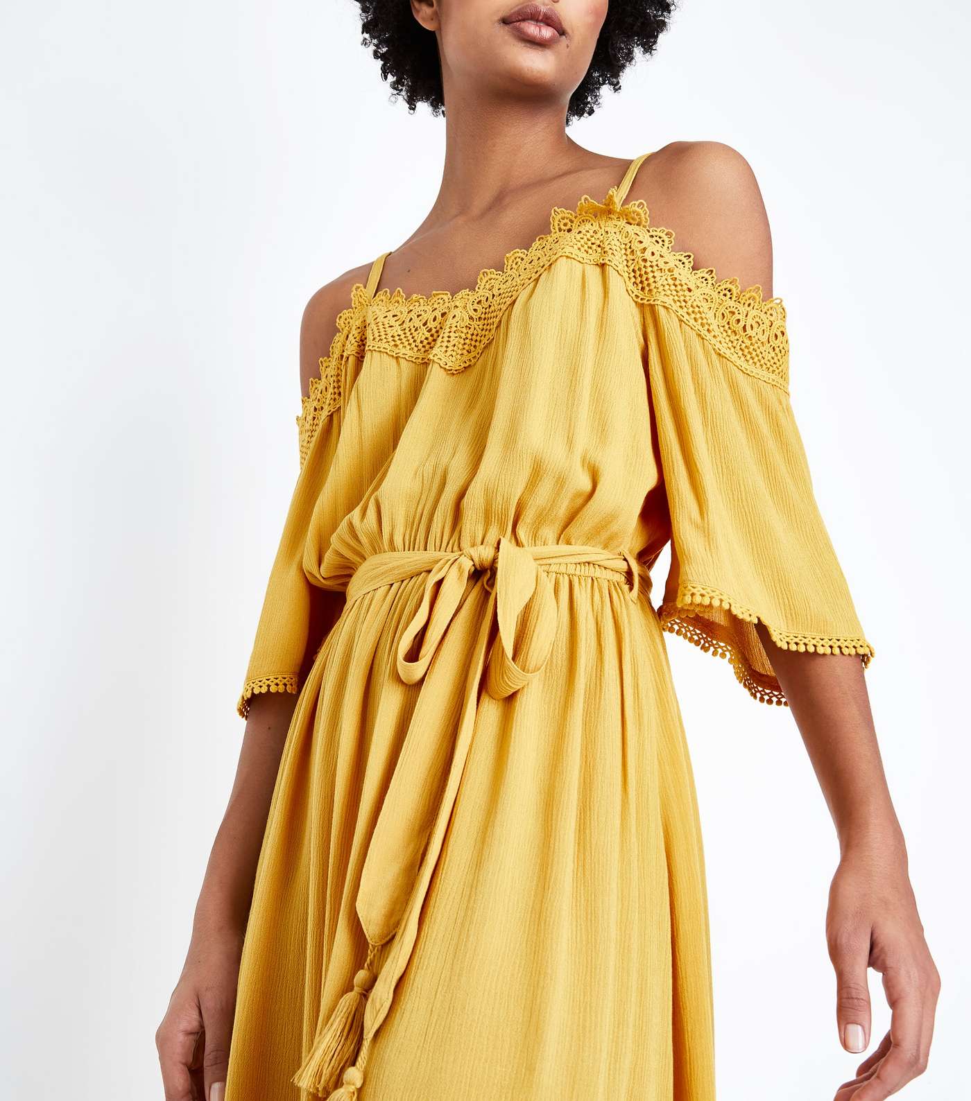 Mustard Crochet Trim Cold Shoulder Midi Dress Image 4