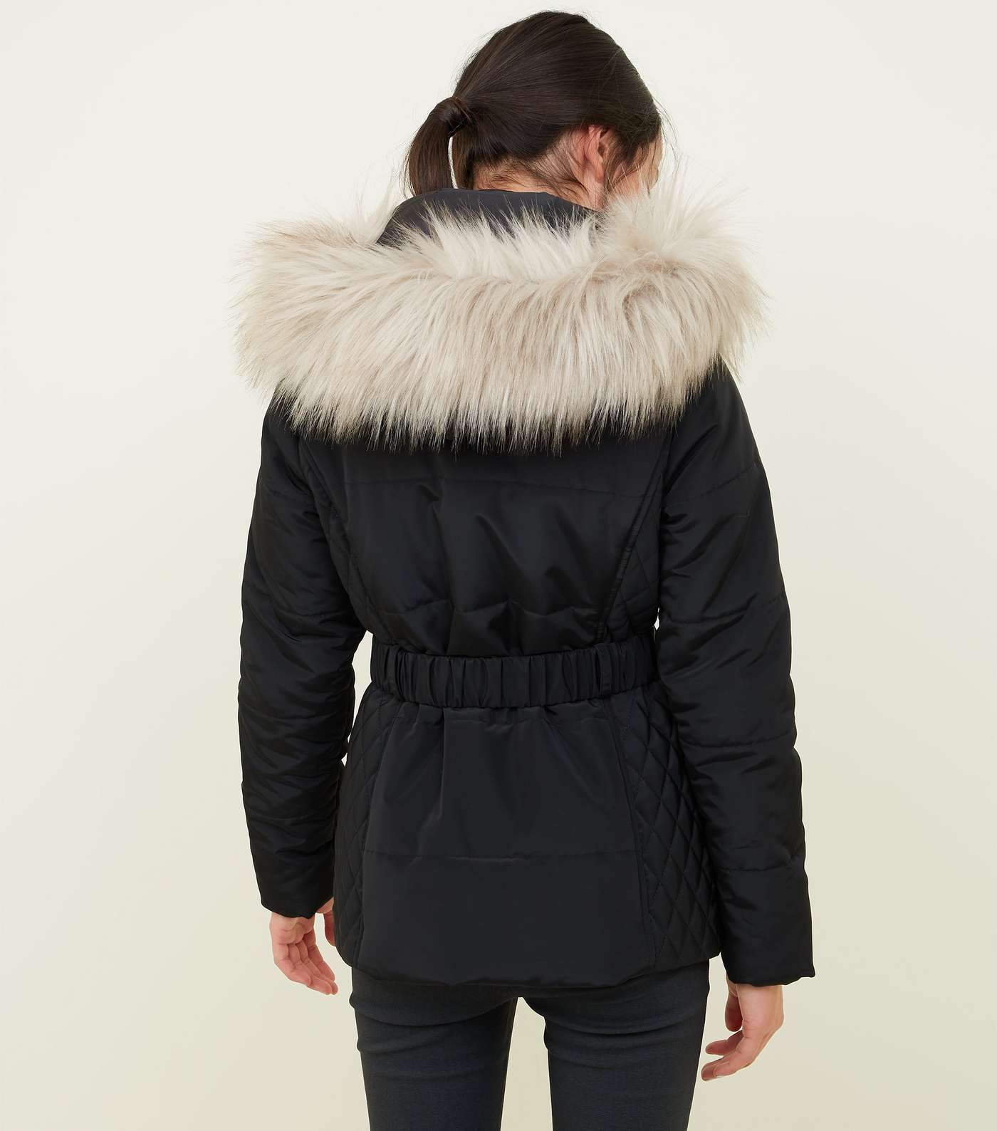Girls Black Faux Fur Trim Hood Belted Puffer Jacket Image 3