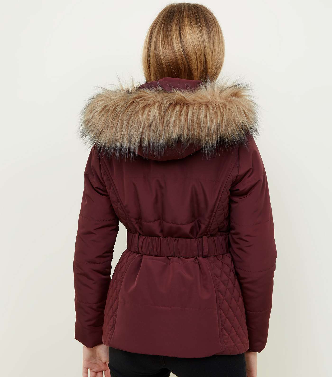 Girls Burgundy Faux Fur Trim Belted Puffer Jacket Image 3