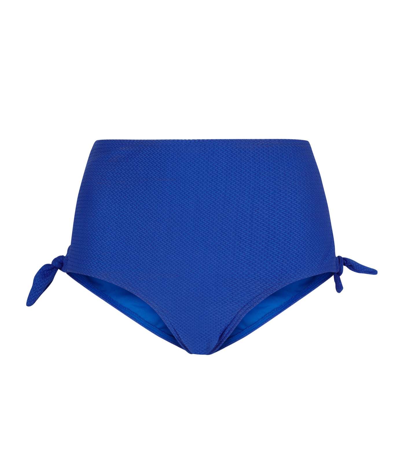 Blue Textured Tie Side High Waist Bikini Bottoms  Image 4