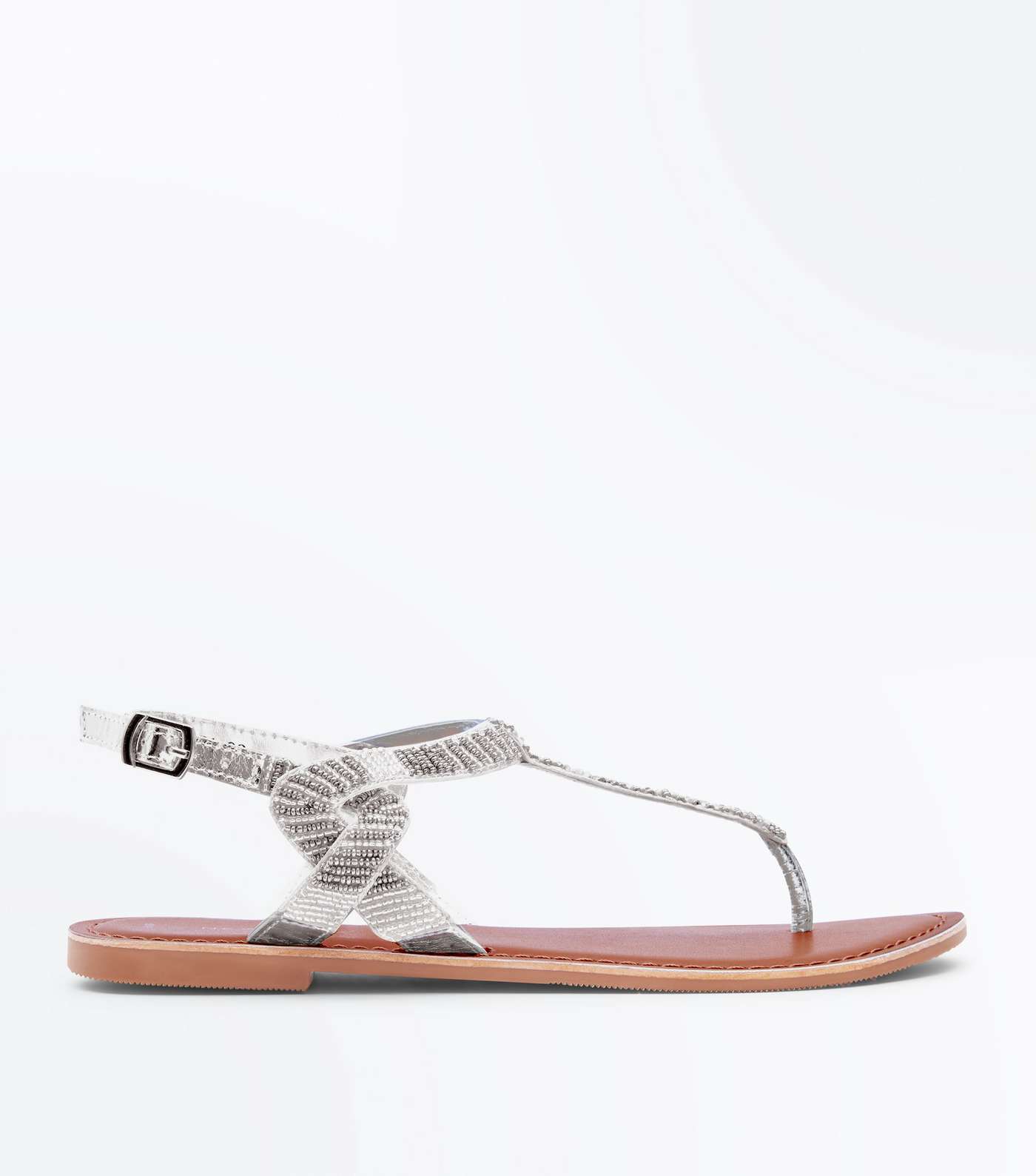 Silver Leather Beaded Twist Side Flat Sandals