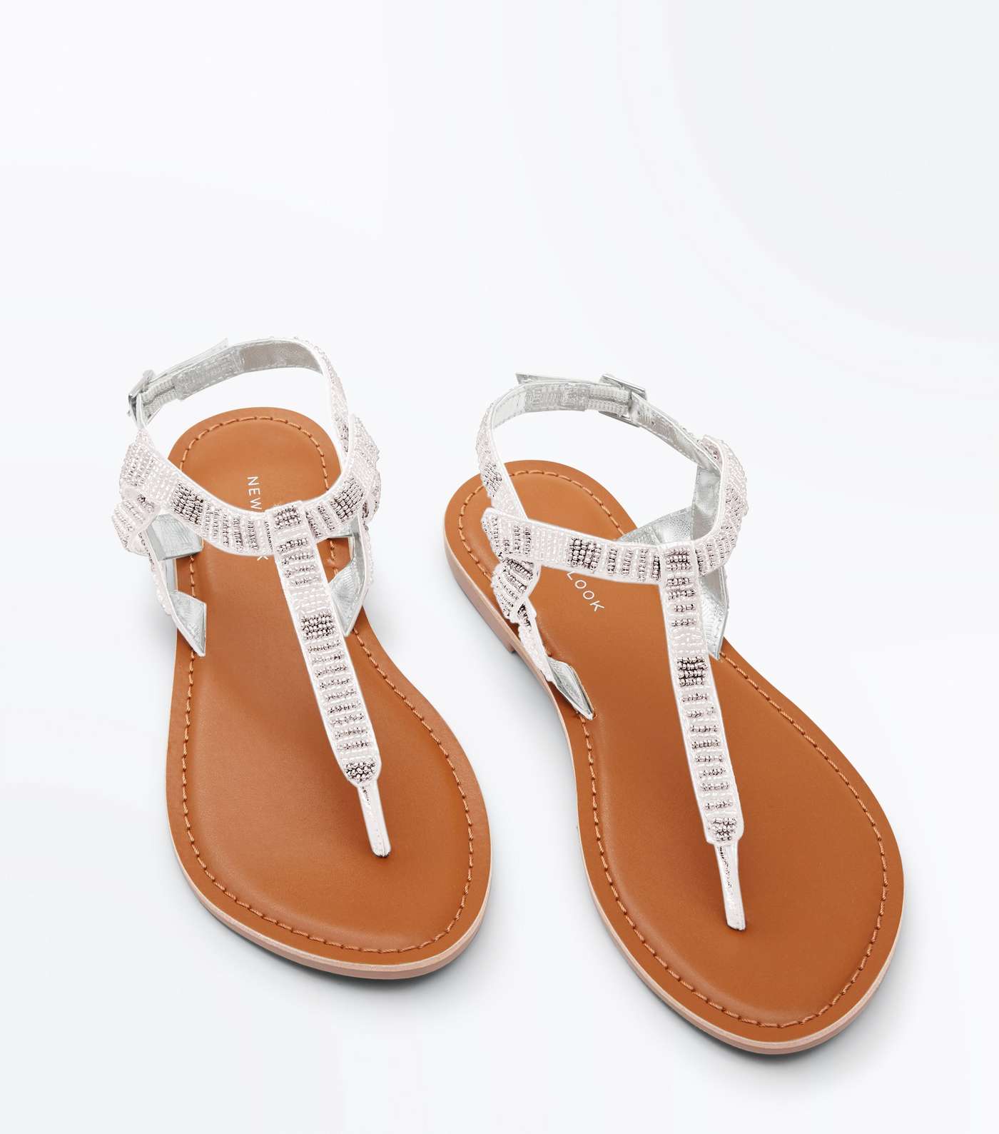 Silver Leather Beaded Twist Side Flat Sandals Image 3
