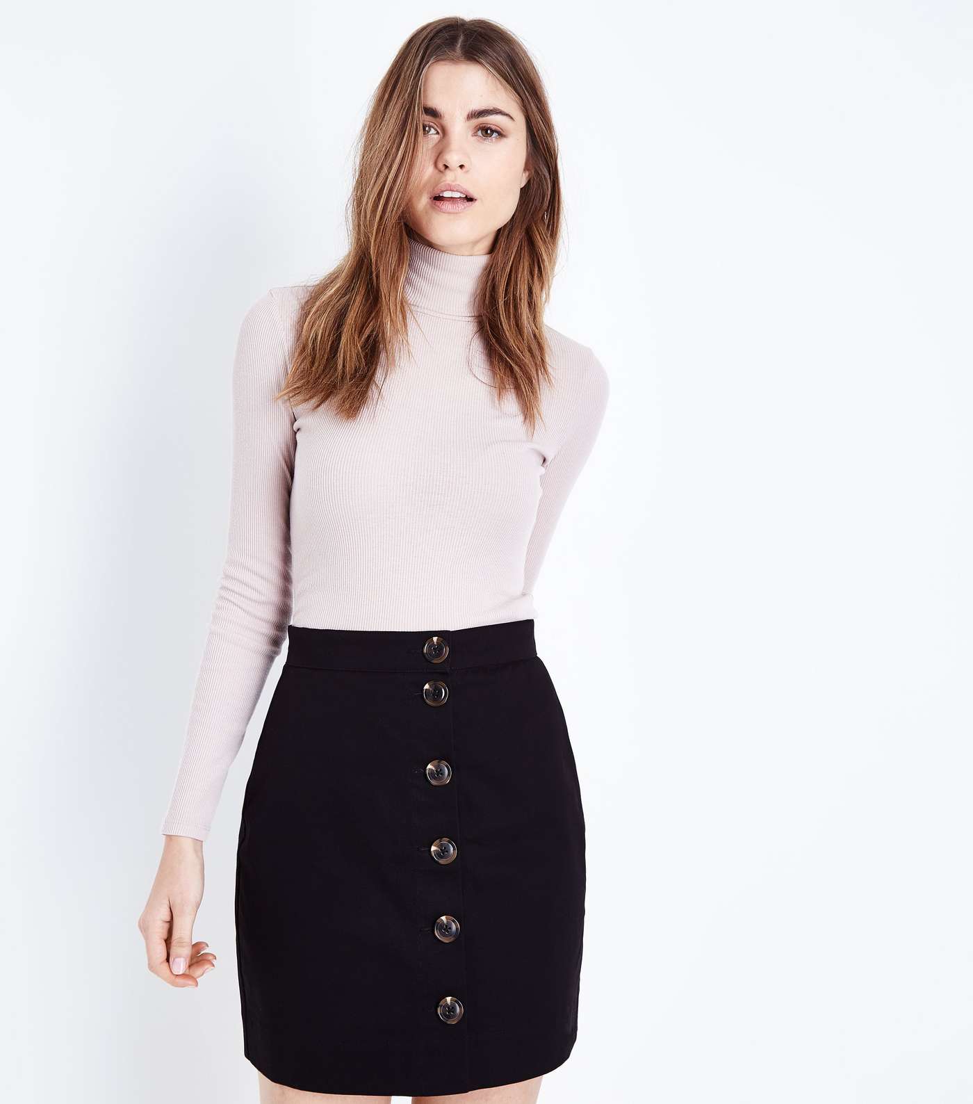 Black Twill Button Front Mini Skirt