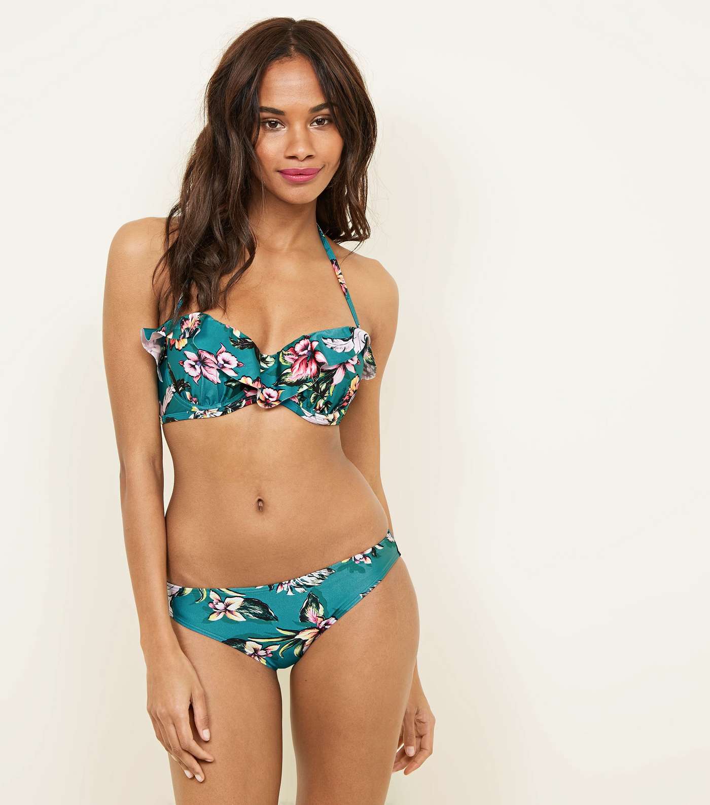 Teal Floral Frill Underwired Bikini Top  Image 2
