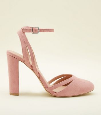 pink pointed block heels