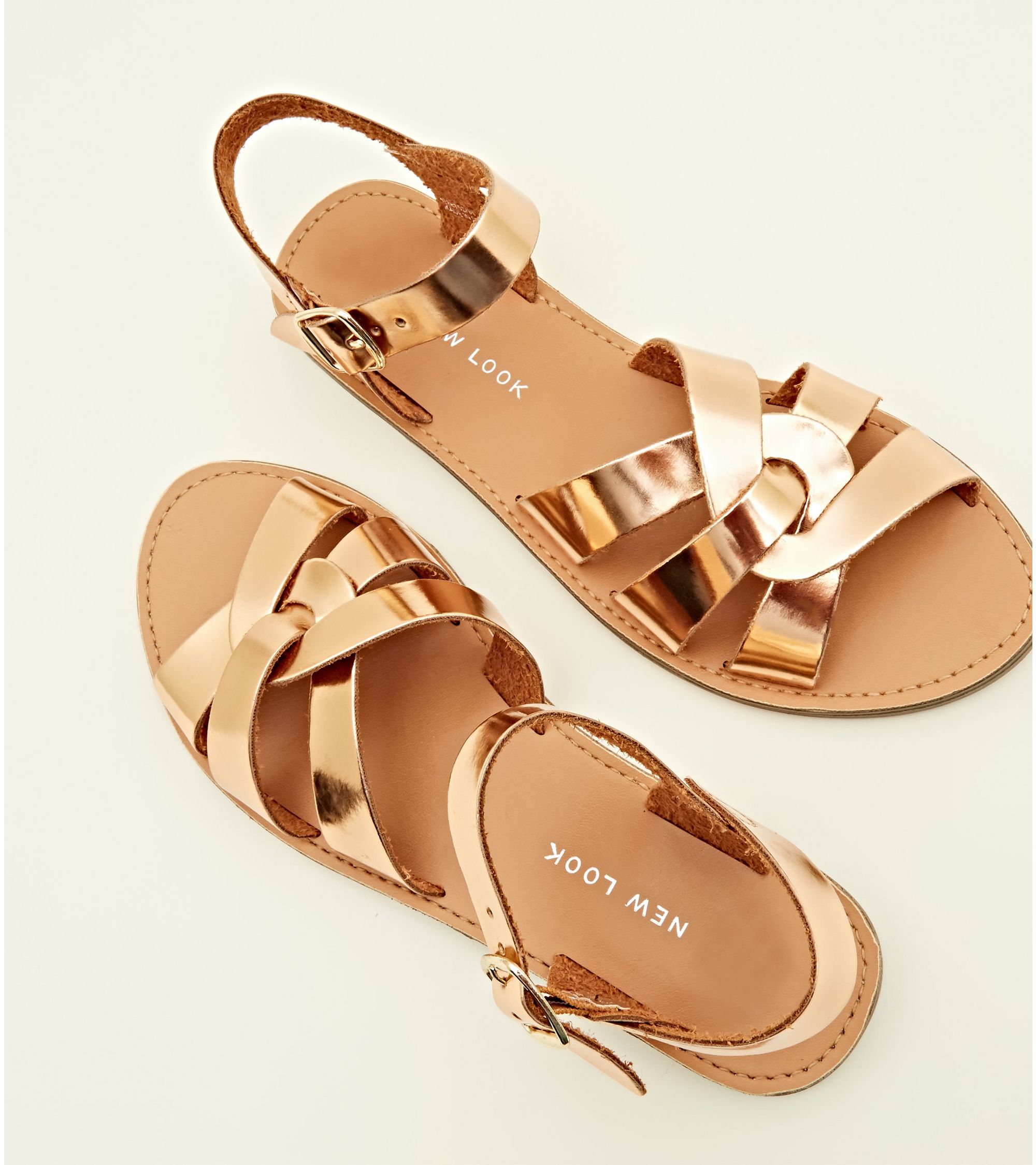 New Look Girls Rose Gold Leather-Look Caged Flat Sandals at £17.99 | love the brands