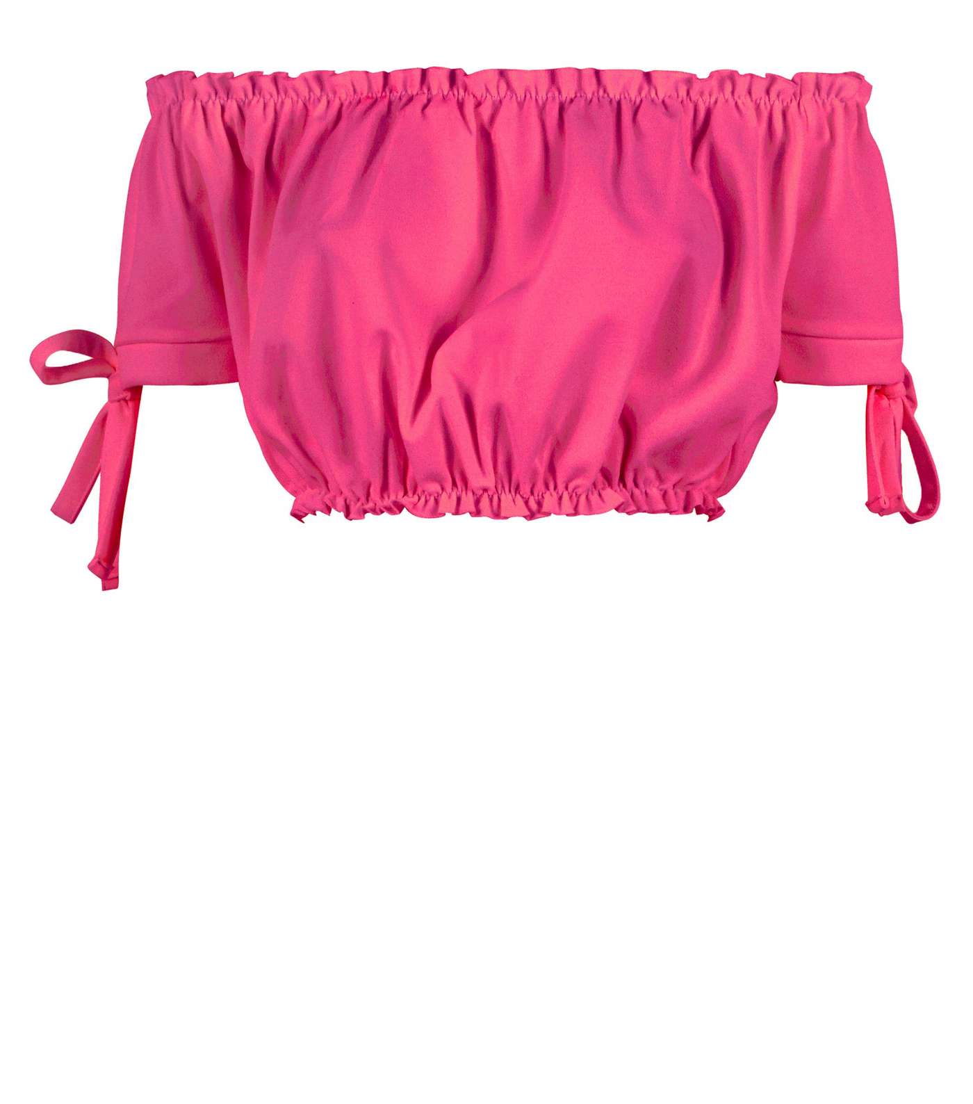 Bright Pink Tie Sleeve Gathered Bardot Crop Top Image 4