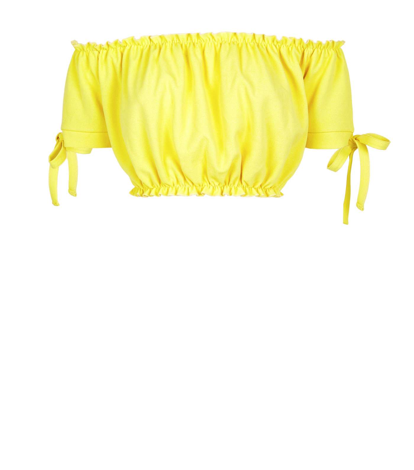Yellow Tie Sleeve Gathered Bardot Crop Top Image 4