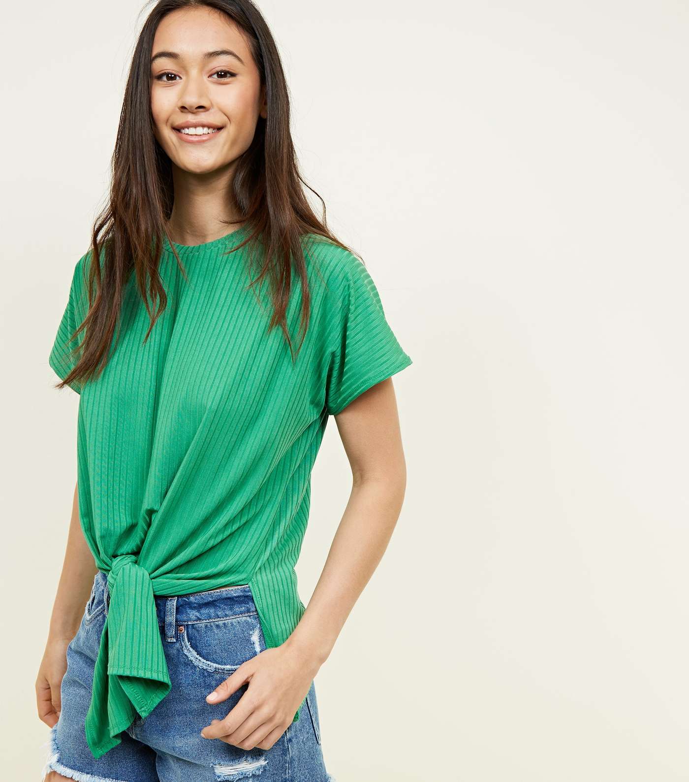Green Ribbed Tie Front T-Shirt
