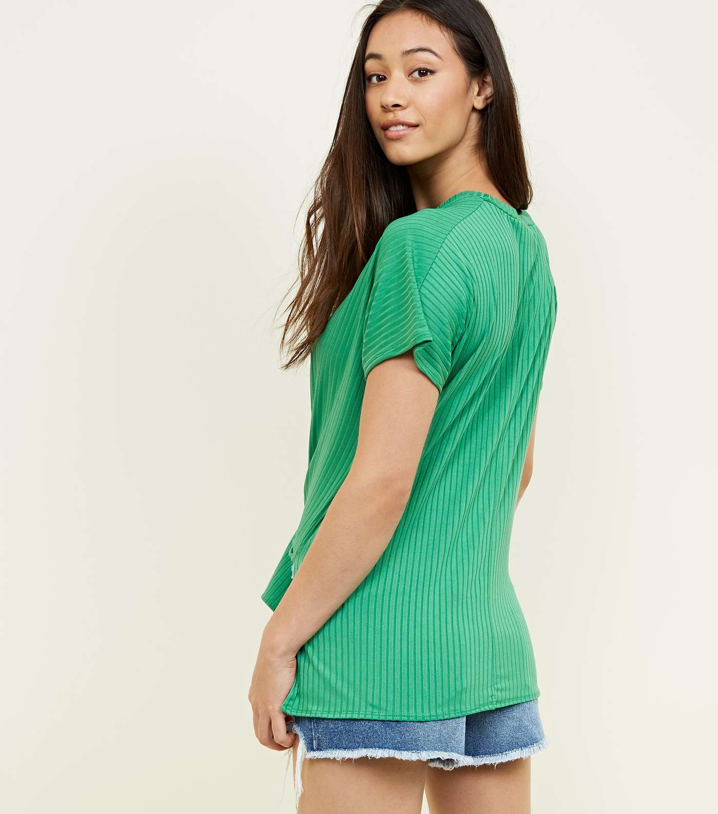 Green Ribbed Tie Front T-Shirt Image 3