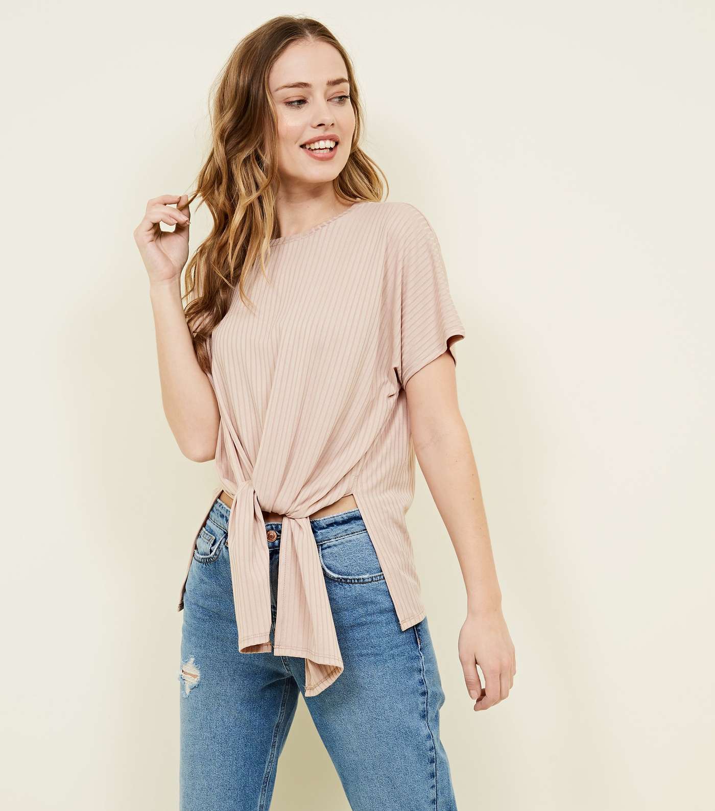 Pale Pink Ribbed Tie Front T-Shirt