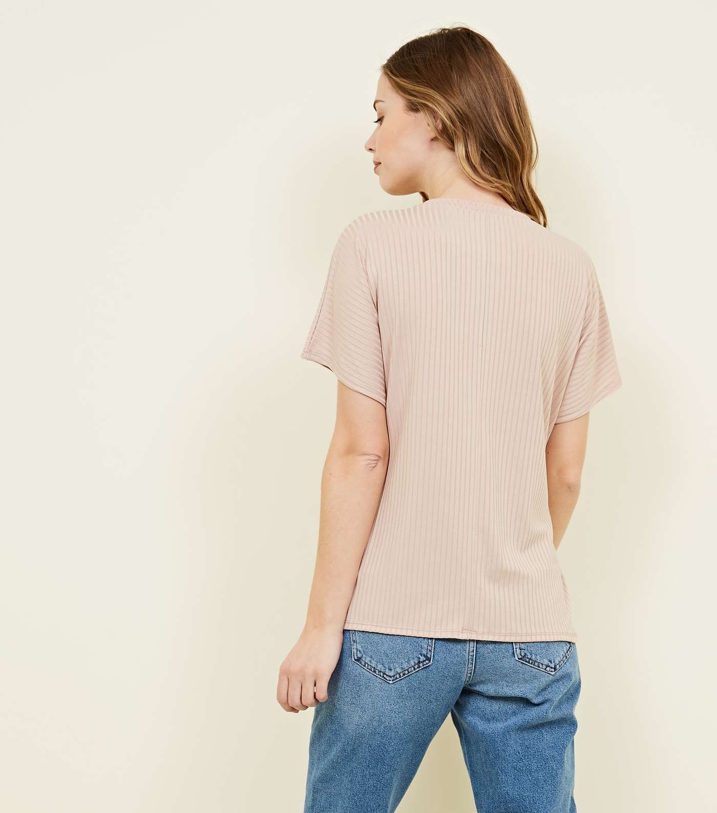 Pale Pink Ribbed Tie Front T-Shirt Image 3