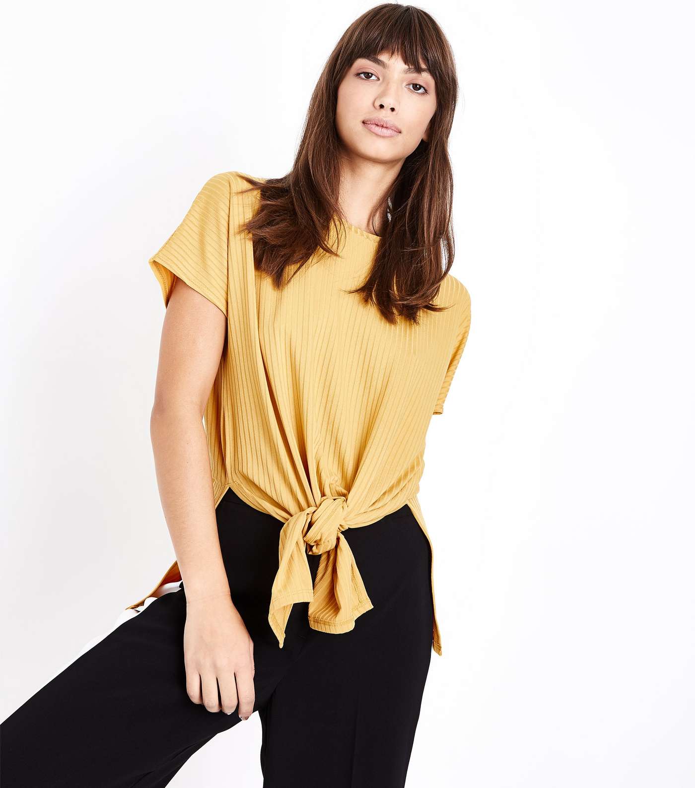 Mustard Ribbed Tie Front T-Shirt