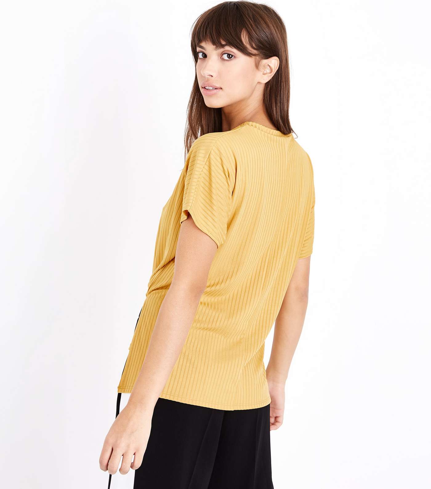 Mustard Ribbed Tie Front T-Shirt Image 3