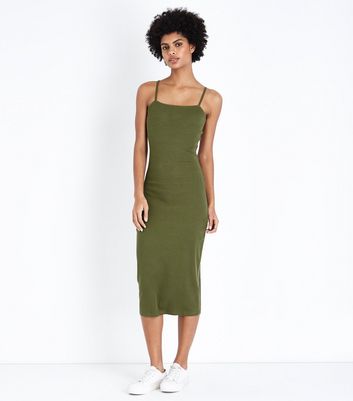 khaki ribbed midi dress