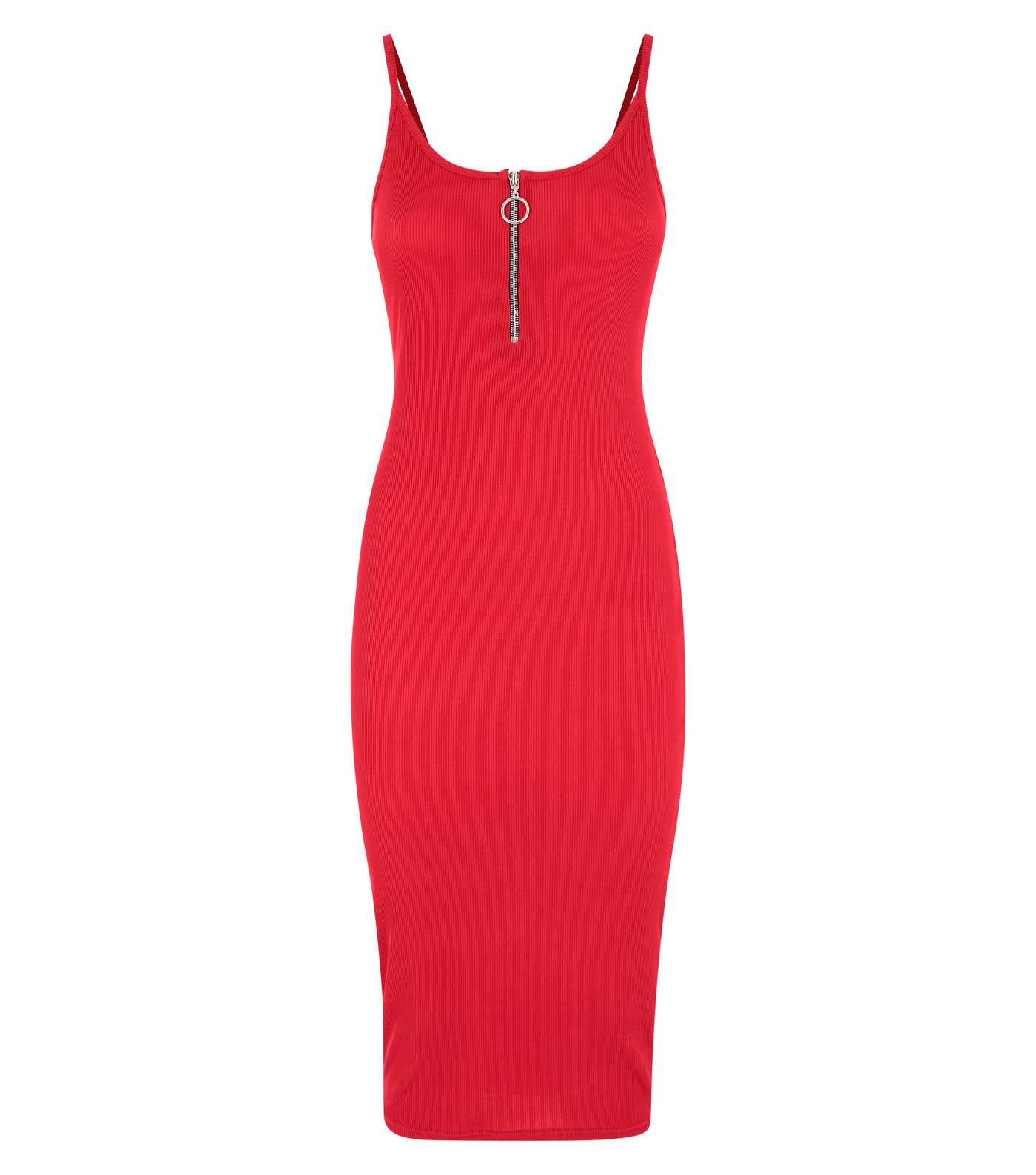 Red Ribbed Zip Front Midi Bodycon Dress  Image 4