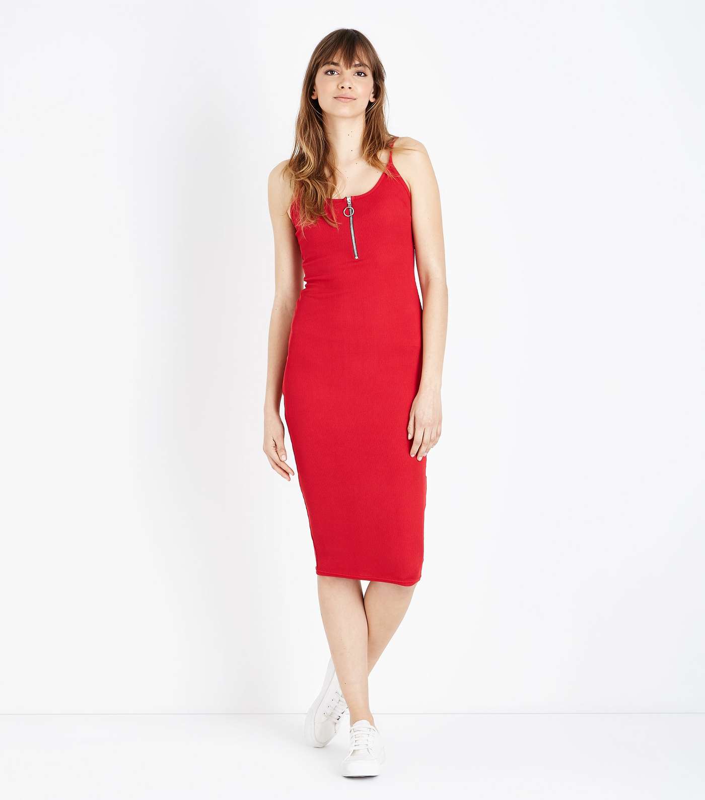 Red Ribbed Zip Front Midi Bodycon Dress  Image 2