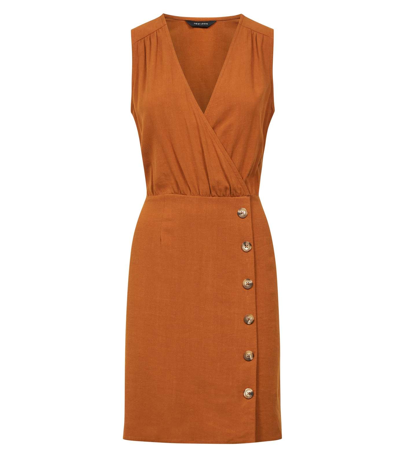 Rust Linen-Look Button Front Wrap Dress Image 4