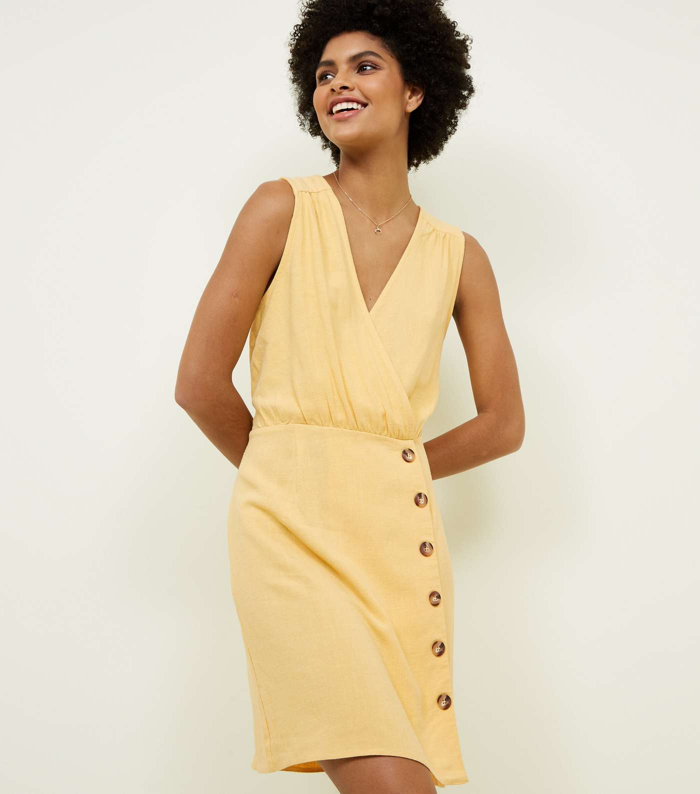 Yellow Linen-Look Button Front Wrap Dress