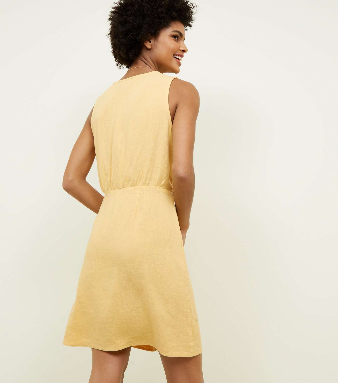 Yellow Linen-Look Button Front Wrap Dress Image 3