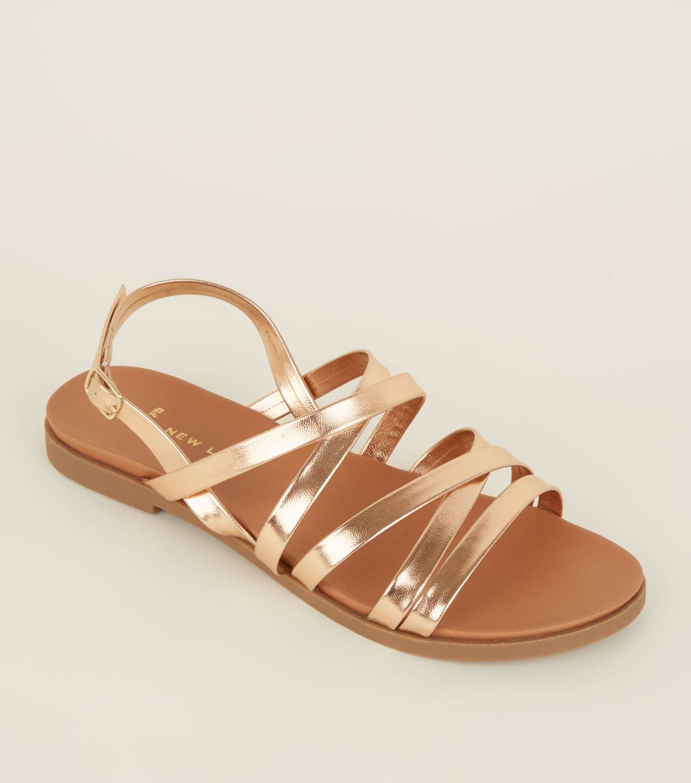 Wide Fit Rose Gold Strappy Footbed Sandals