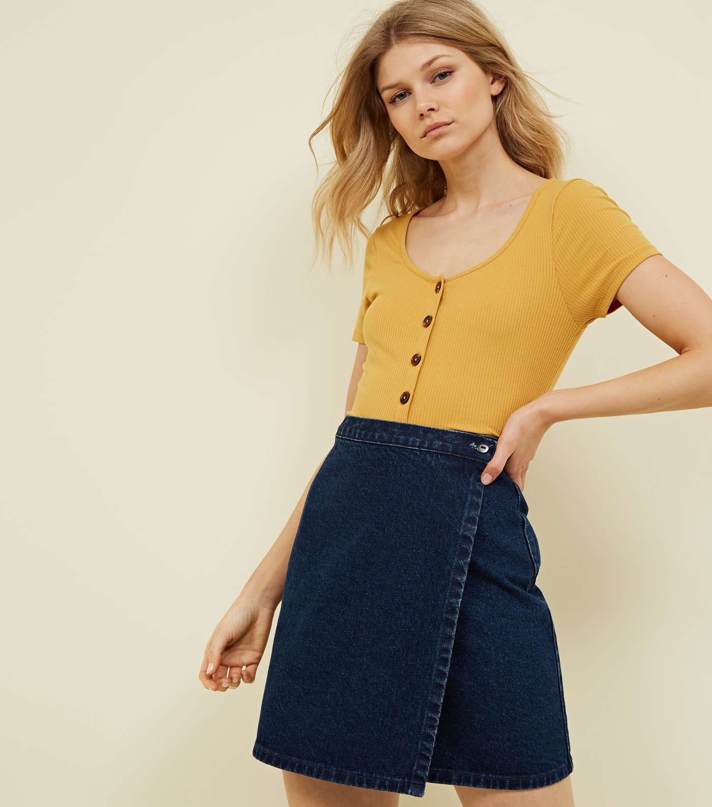 Petite Yellow Ribbed Button Front T-Shirt