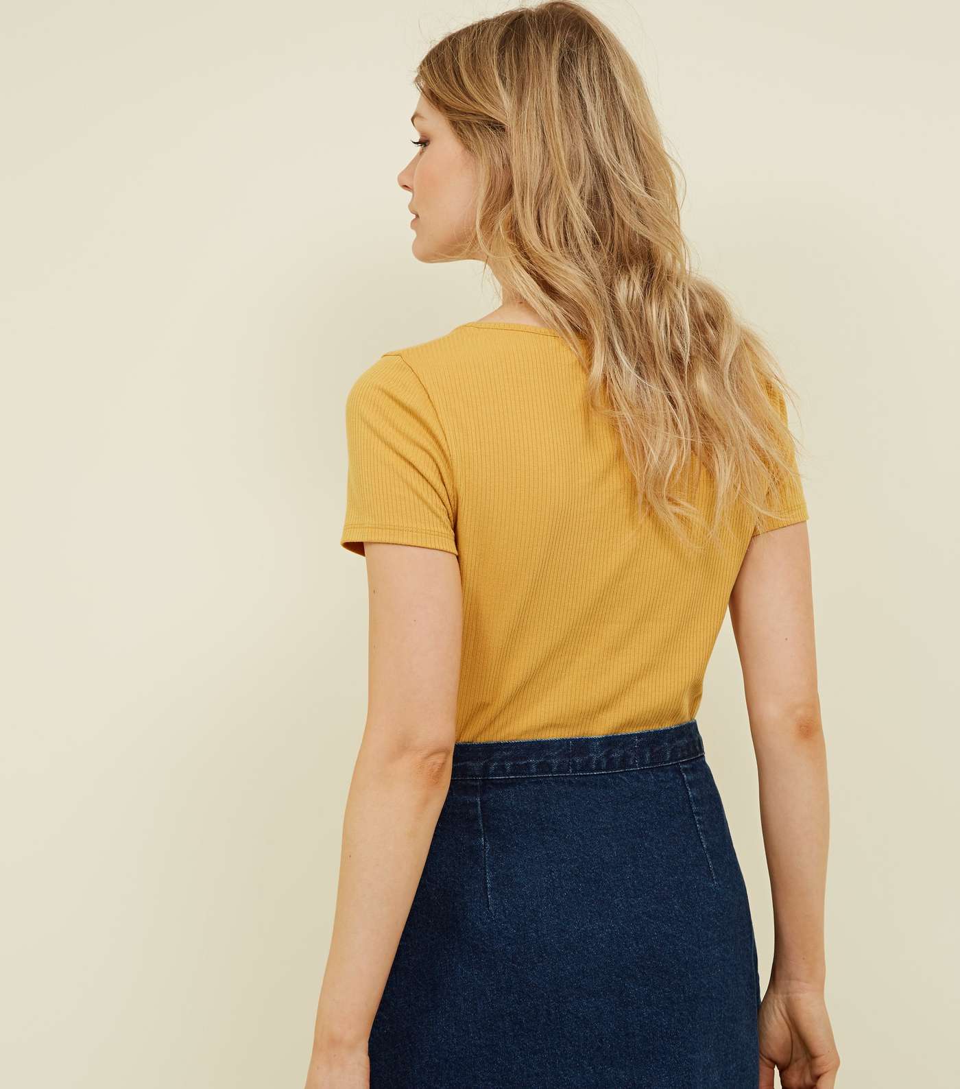 Petite Yellow Ribbed Button Front T-Shirt Image 3