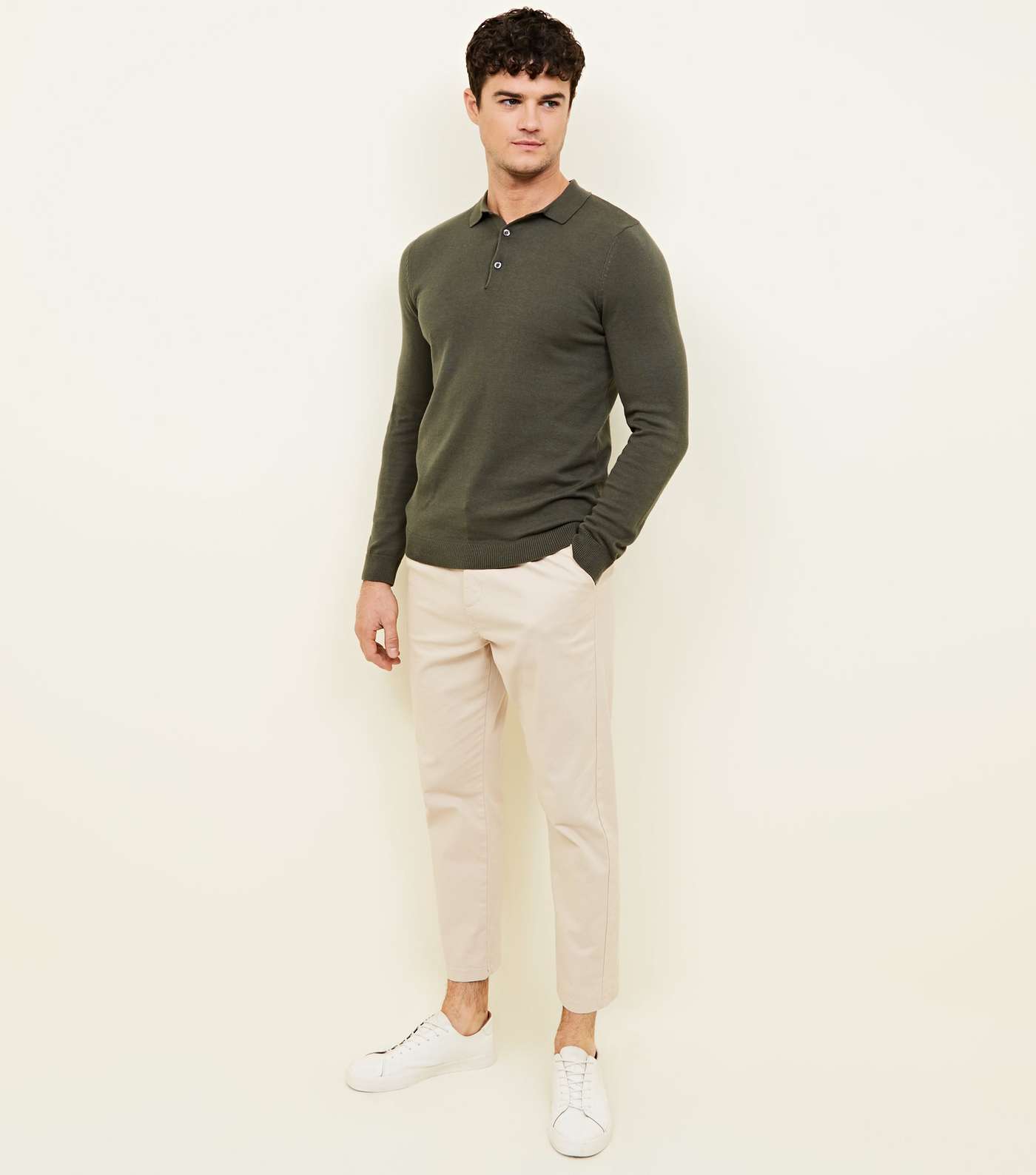 Khaki Long Sleeve Muscle Fit Knit Polo Shirt Image 2