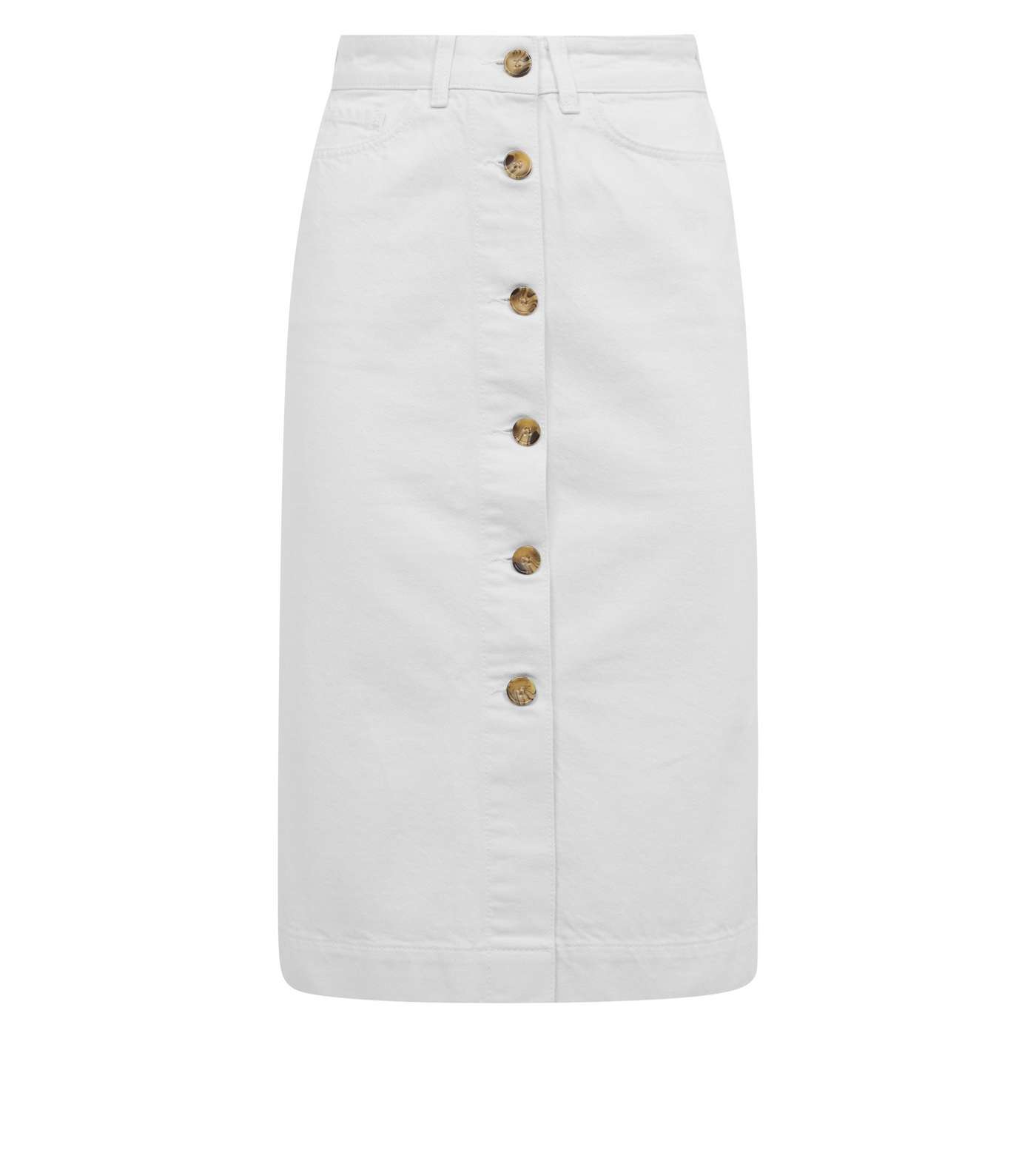 Off White Button Up Denim Midi Skirt Image 4
